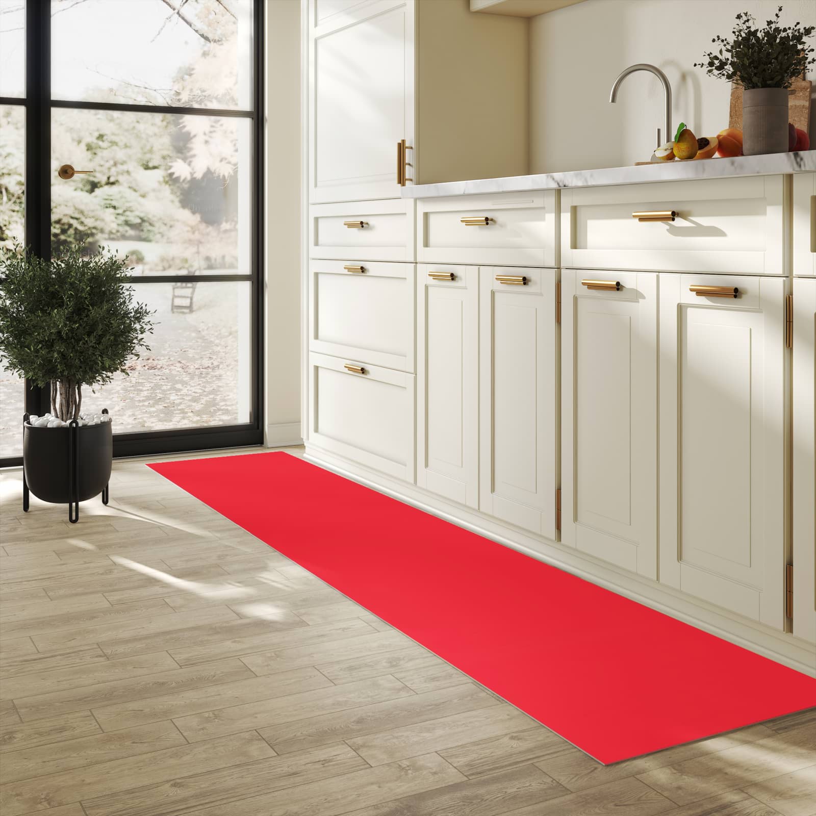 Pflegeleichter dünner Küchenteppich mit Motiv Pink-Roter Hintergrund in heller Küche