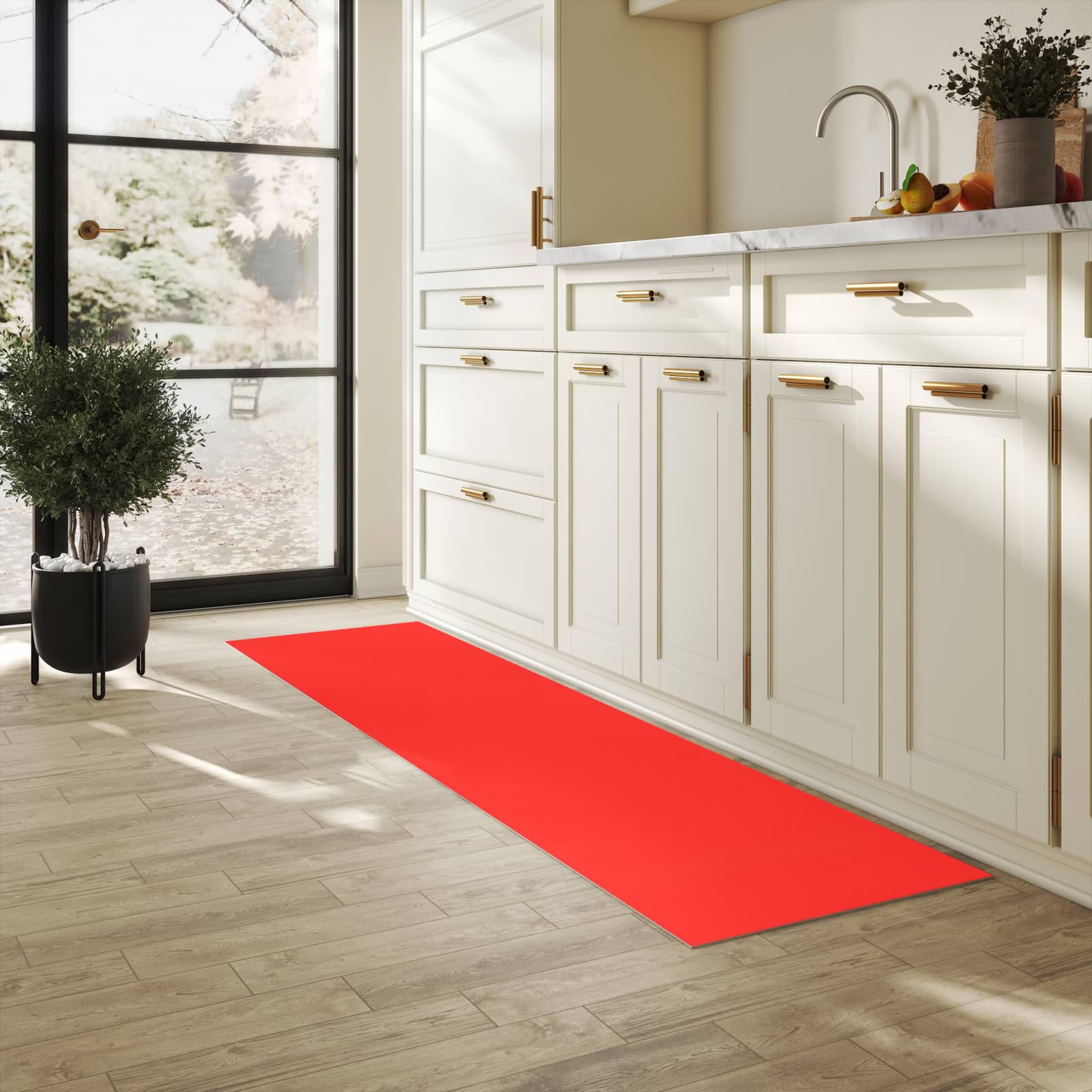 Bodenschonender Läufer für die Küche mit Motiv Roter Hintergrund I in heller Küche