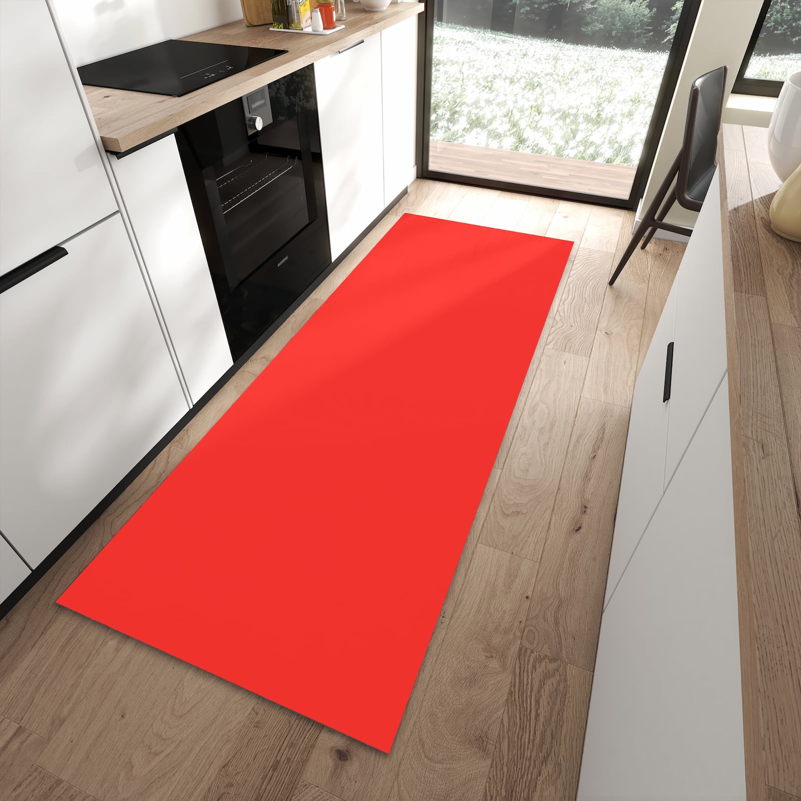 Sicherer Küchenläufer mit Motiv Roter Hintergrund I in moderner Küche