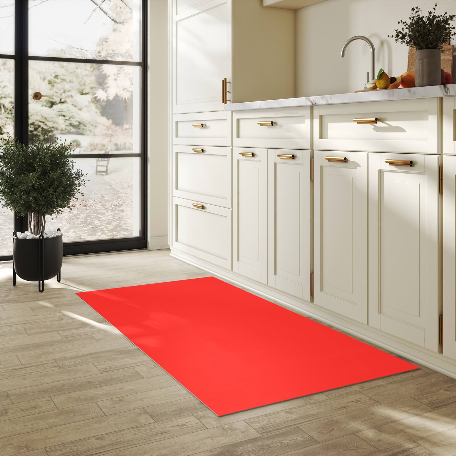 Waschbarer Küchenläufer mit Motiv Roter Hintergrund I für Trittkomfort in heller Küche