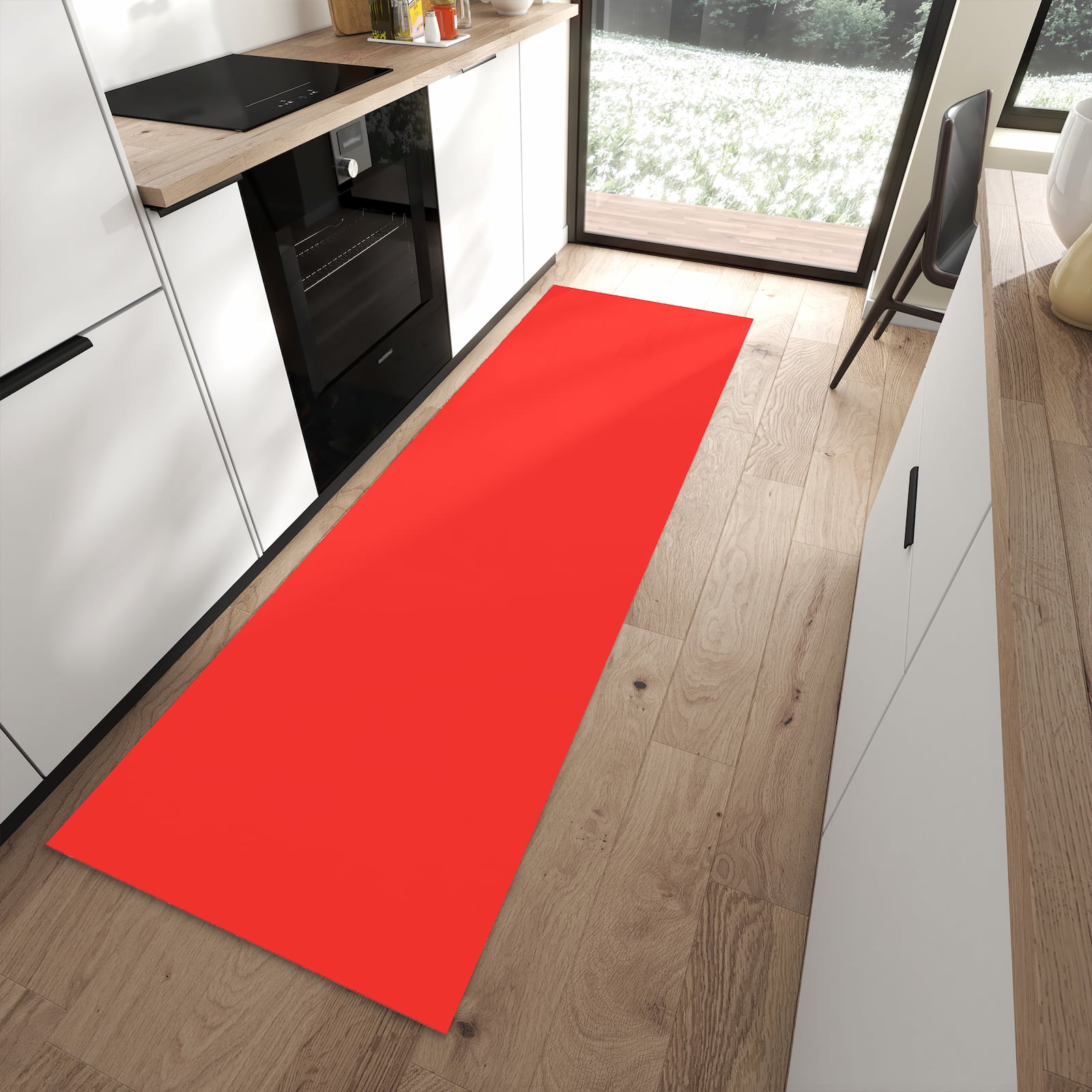 Rutschfester Küchenläufer mit Motiv Roter Hintergrund I für Ordnung in moderner Küche