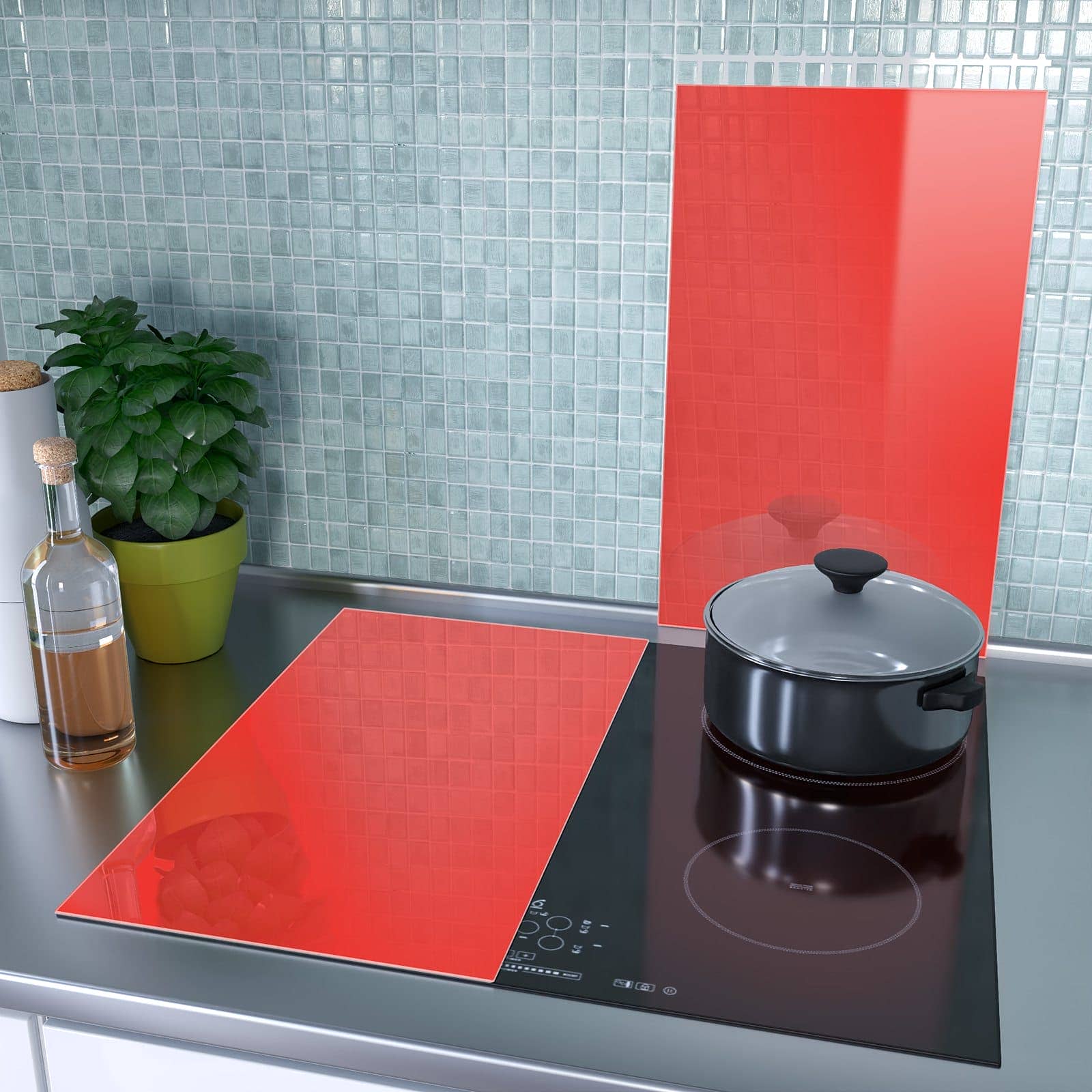 1-teilige Abdeckplatten für Ceranfeld mit Roter Hintergrund I-Motiv als Spritzschutz hinter dem Kochfeld