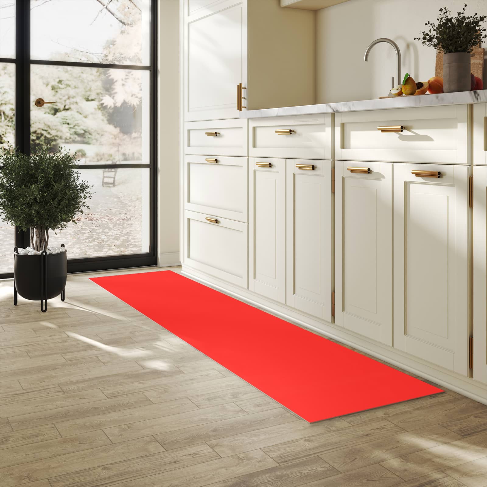 Farbbeständiger Küchenläufer mit Motiv Roter Hintergrund I in heller Küche