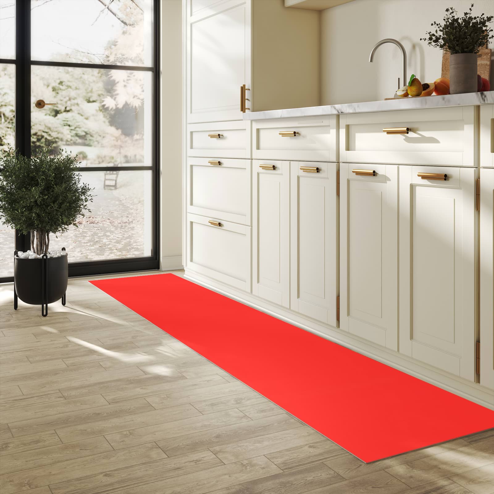 Formstabiler Küchenläufer mit Motiv Roter Hintergrund I in heller Küche