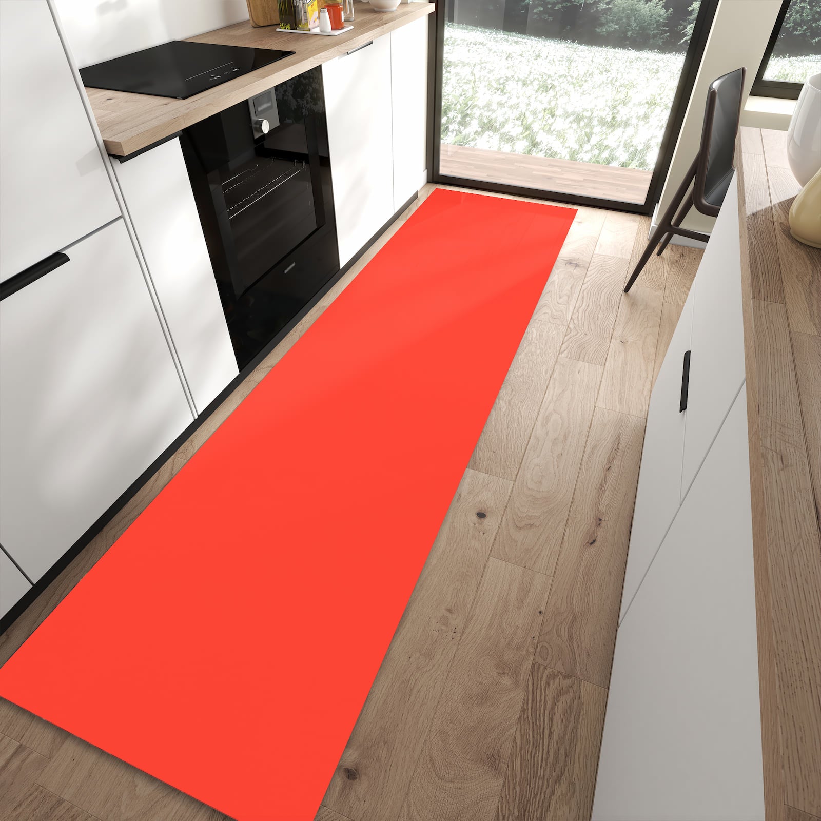 Komfortabler rutschfester Küchenteppich mit Motiv Roter Hintergrund II in moderner Küche