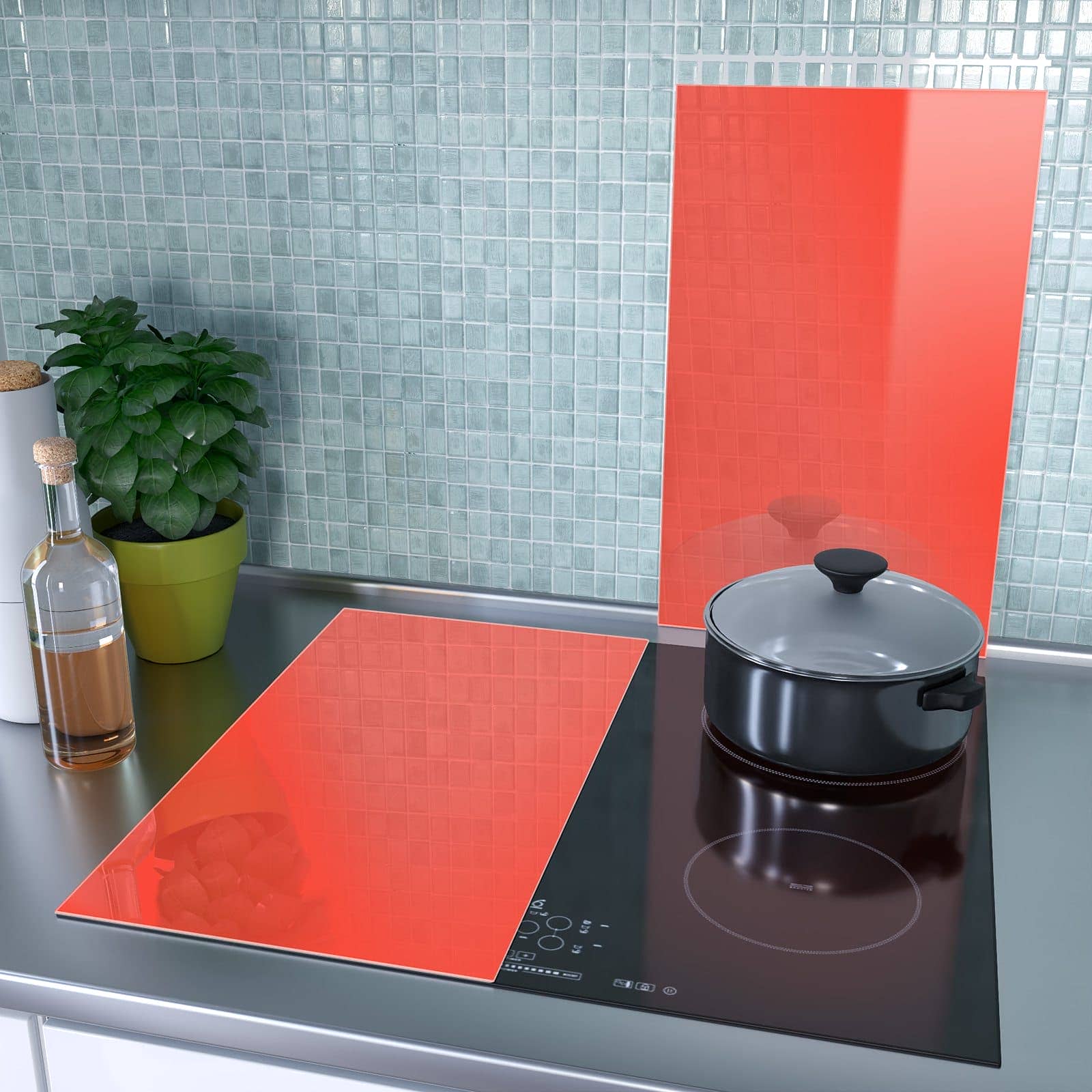 1-teilige Abdeckplatte Induktionsherd mit Roter Hintergrund II-Motiv als Spritzschutz hinter dem Kochfeld