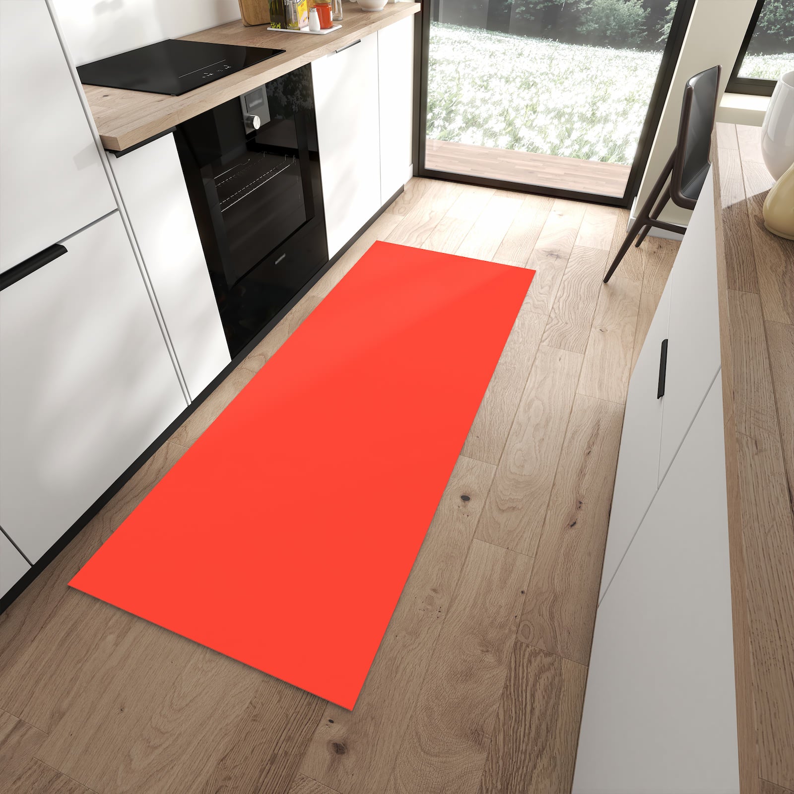 Langlebiger Küchenteppich mit Motiv Roter Hintergrund II in moderner Küche