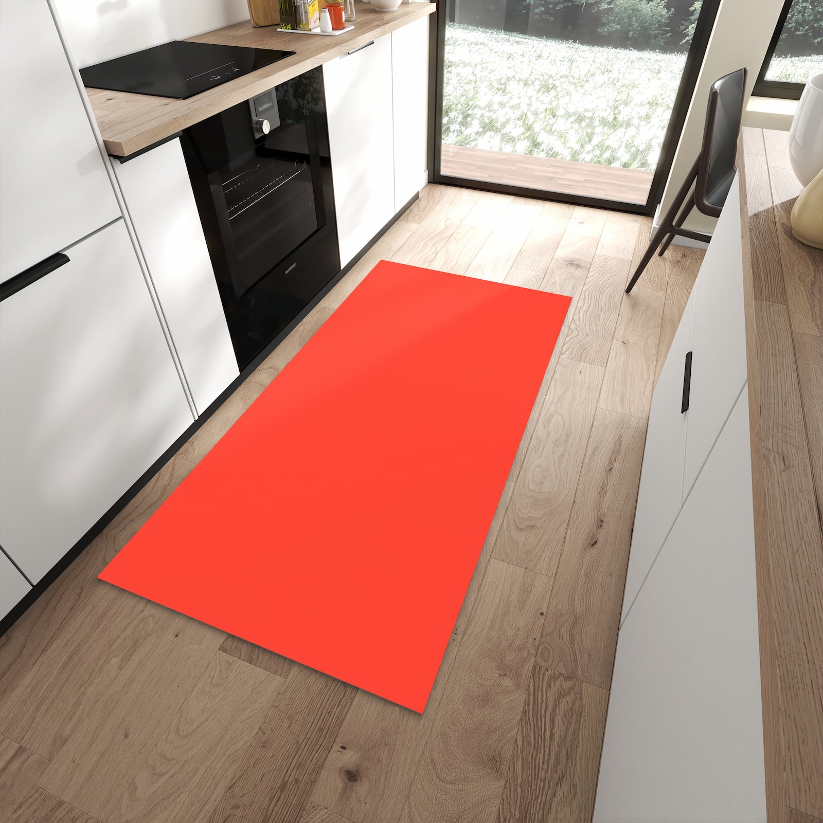 Rutschfester Küchenteppich mit Motiv Roter Hintergrund II in moderner Küche