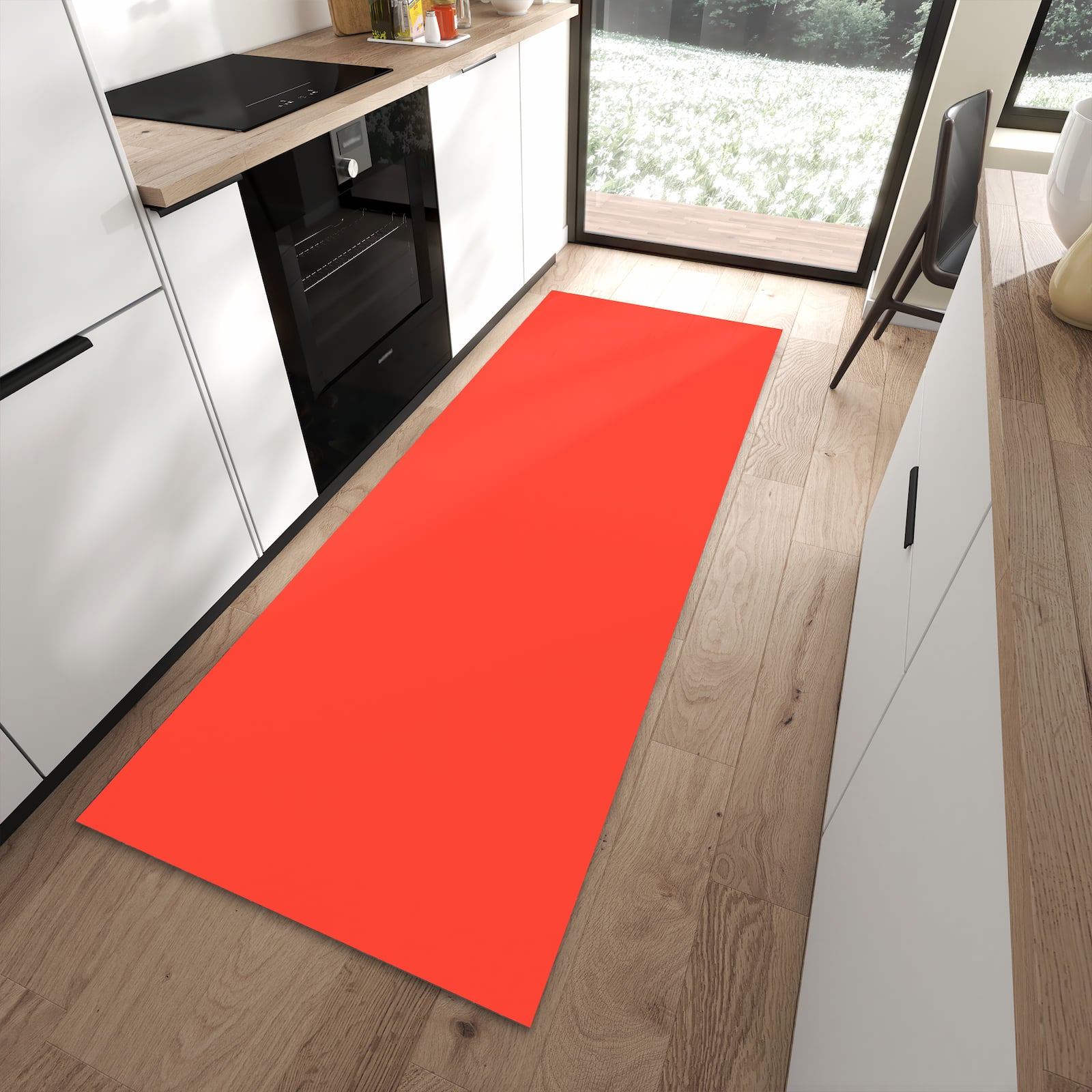 Leicht zu reinigender Küchenteppich mit Motiv Roter Hintergrund II in moderner Küche