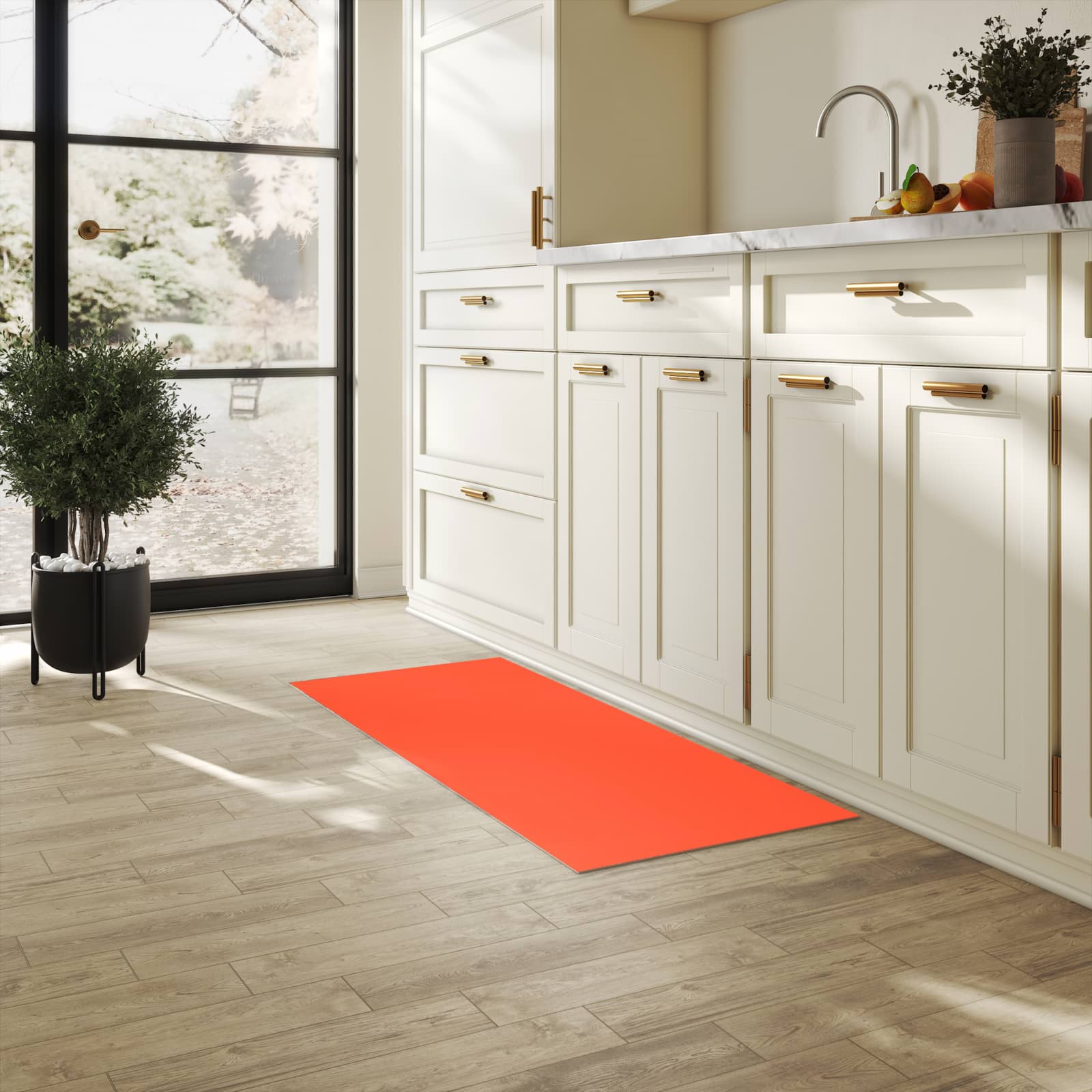 Bodenschonender waschbarer Küchenteppich mit Motiv Rot-Oranger Hintergrund in heller Küche