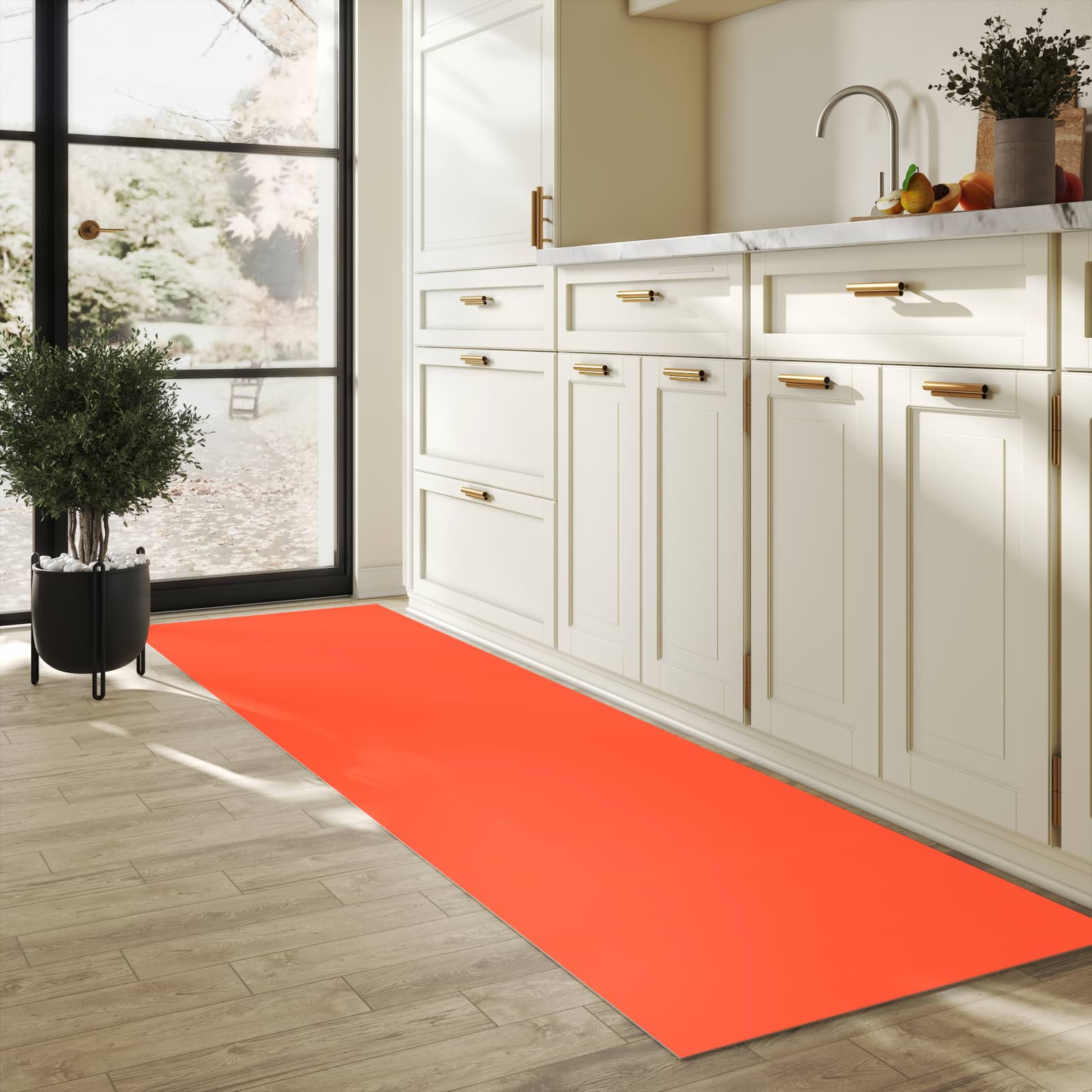 Wasserabweisender rutschfester Küchenläufer mit Motiv Rot-Oranger Hintergrund in heller Küche