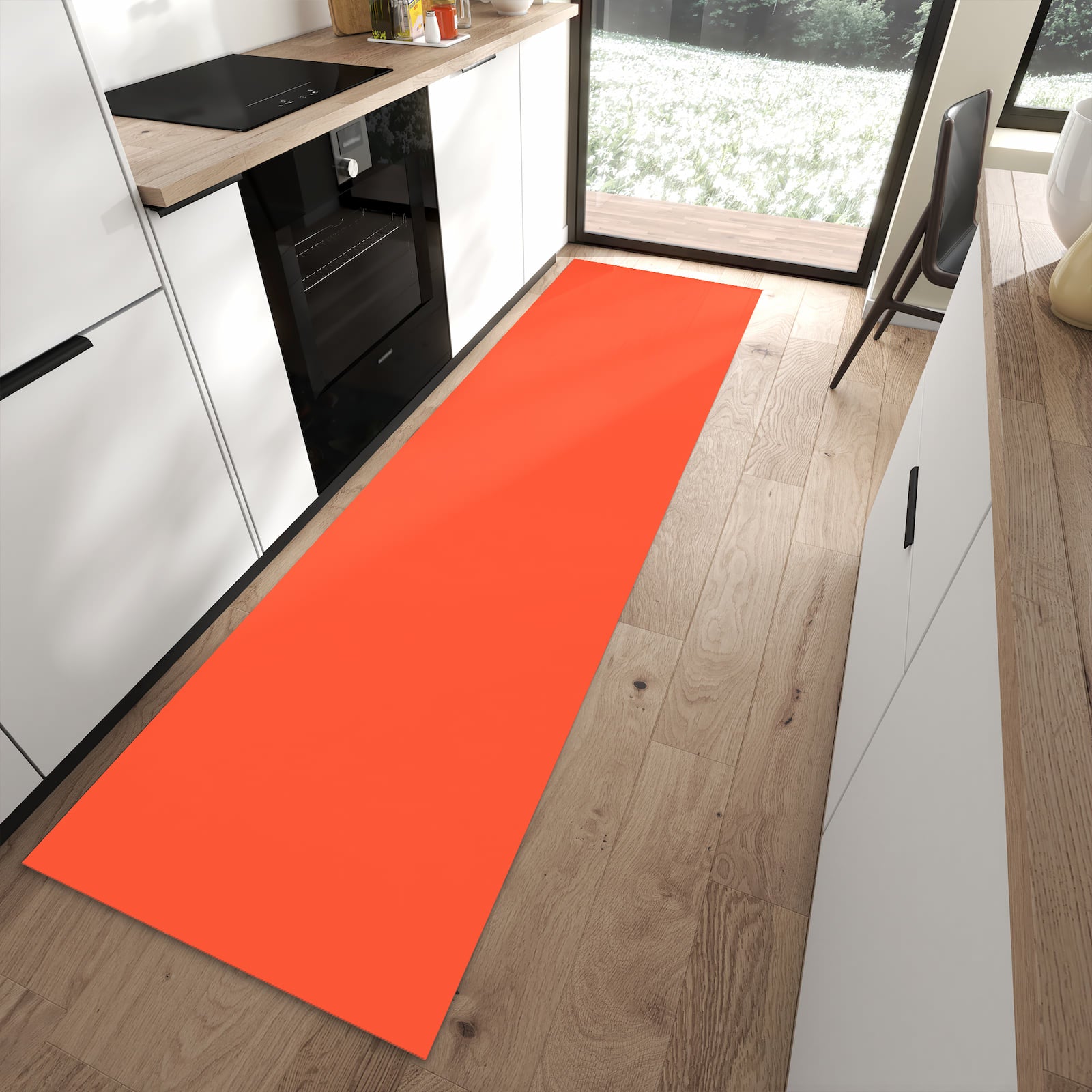 Formstabiler langer Teppich mit Motiv Rot-Oranger Hintergrund in moderner Küche