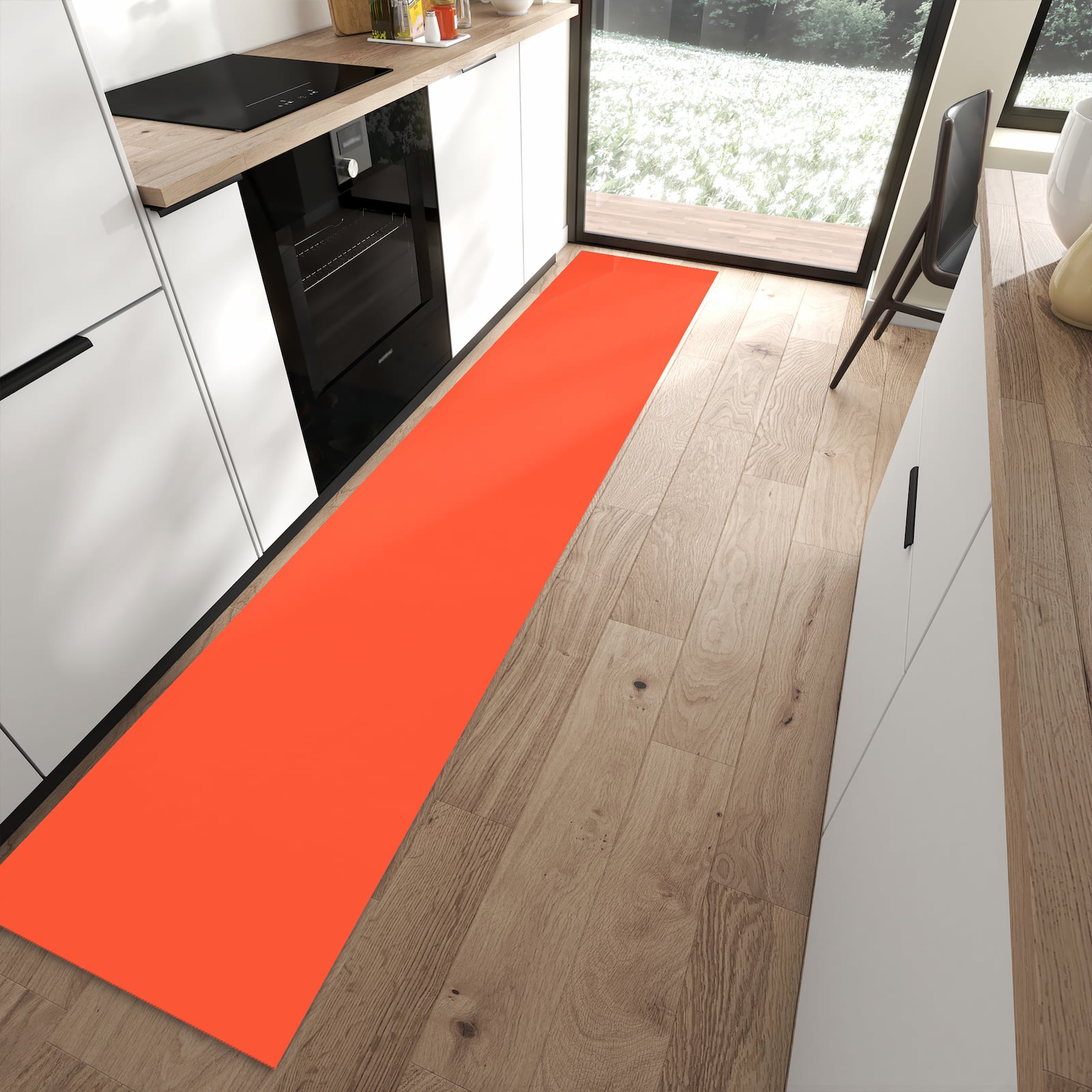 Bodenschonender Küchenteppich mit Motiv Rot-Oranger Hintergrund in moderner Küche