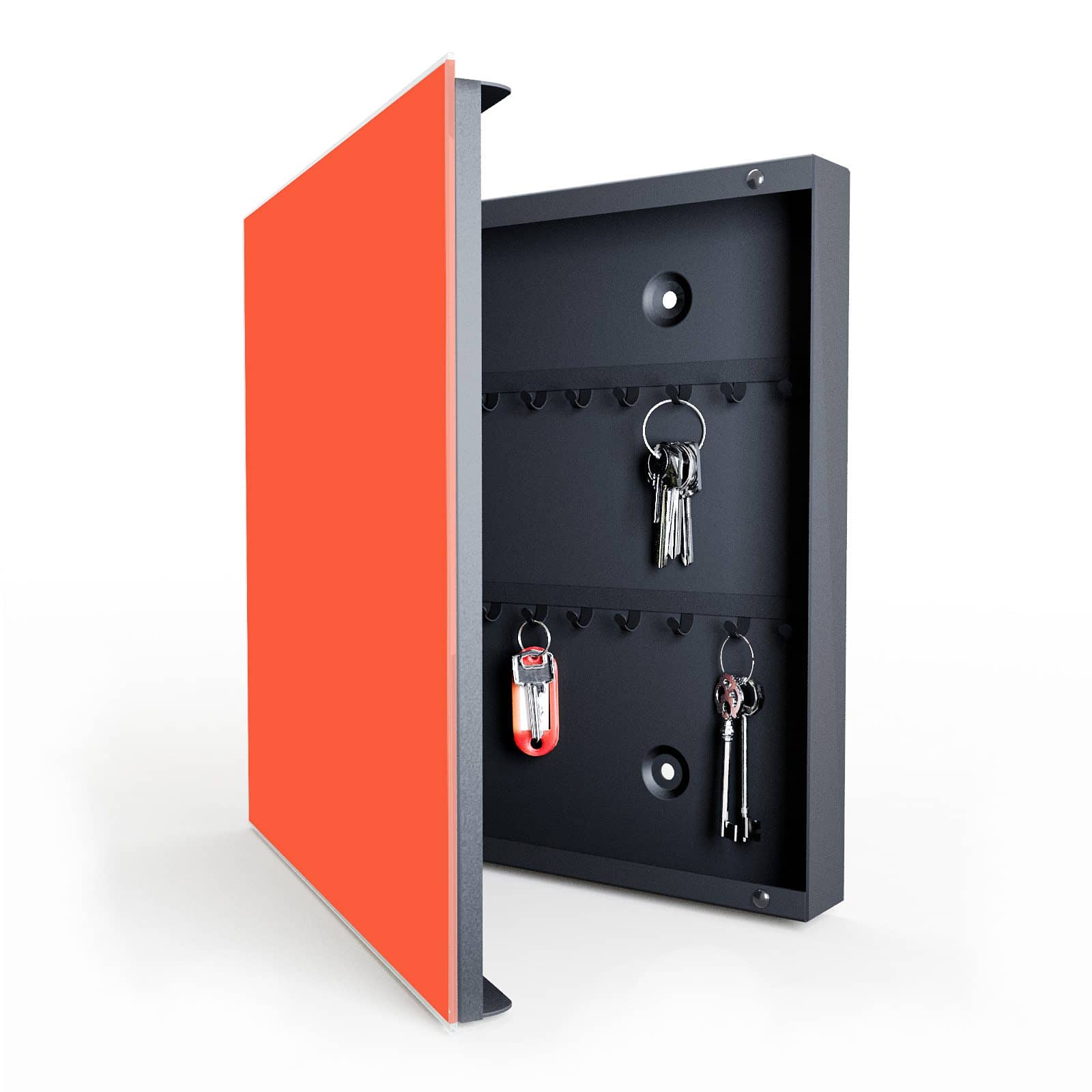 Handgefertigte Schlüsselbox mit Motiv Rot-Oranger Hintergrund in geöffneter Innenansicht