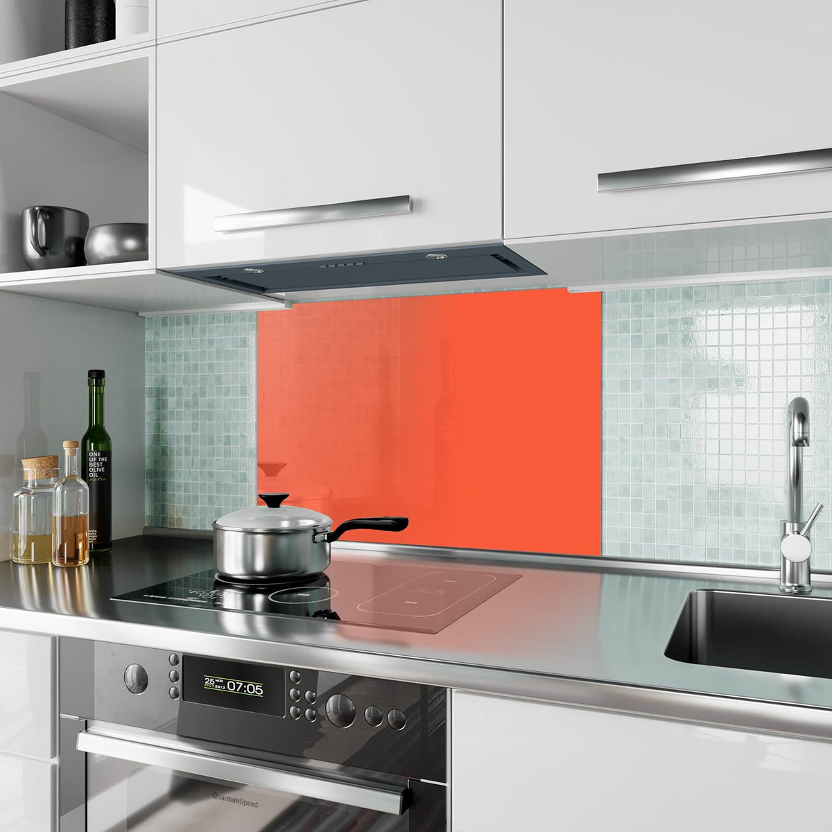 Küchenrückwand aus Glas Rotoranger Hintergrund im Hochformat als Spritzschutz hinter dem Kochfeld, über dem Fliesenspiegel montiert