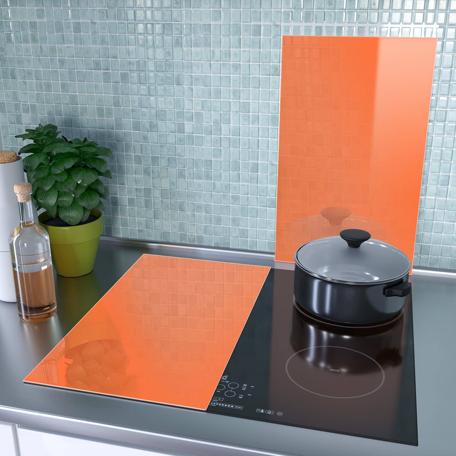 2-teilige Herdabdeckplatten mit Dunkeloranger Hintergrund I-Motiv als Spritzschutz hinter dem Kochfeld