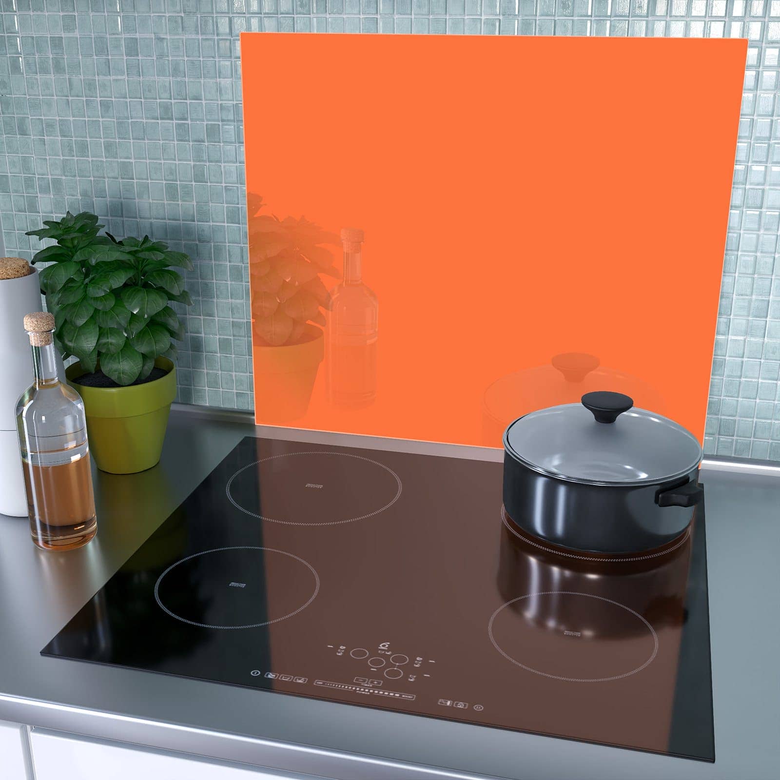 1-teilige Herdabdeckplatte aus Glas mit Dunkeloranger Hintergrund I-Motiv als Spritzschutz hinter dem Kochfeld