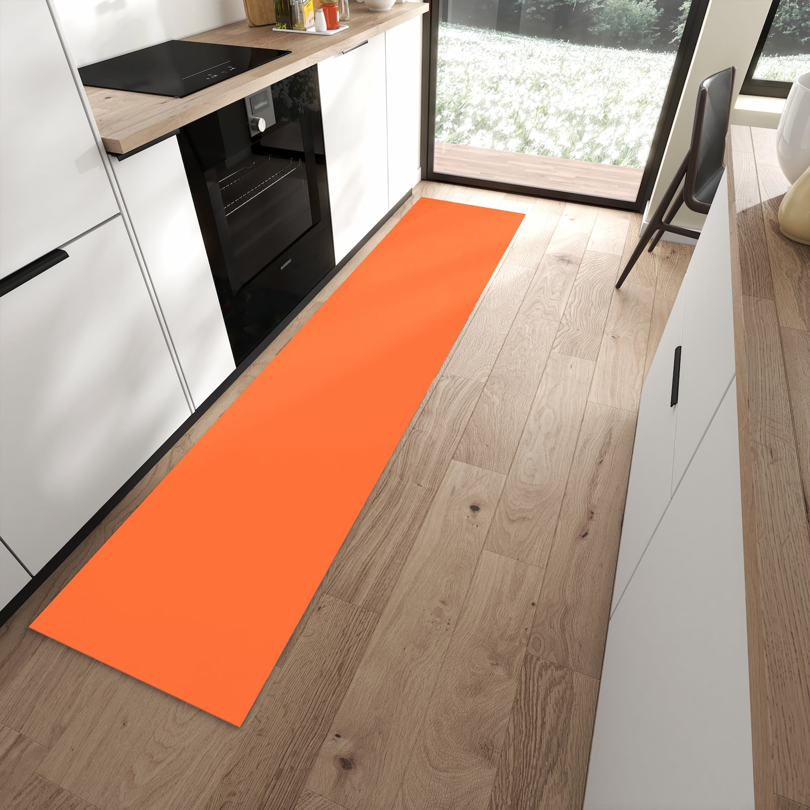 Geruchsneutraler Küchenteppich mit Motiv Dunkeloranger Hintergrund I in moderner Küche