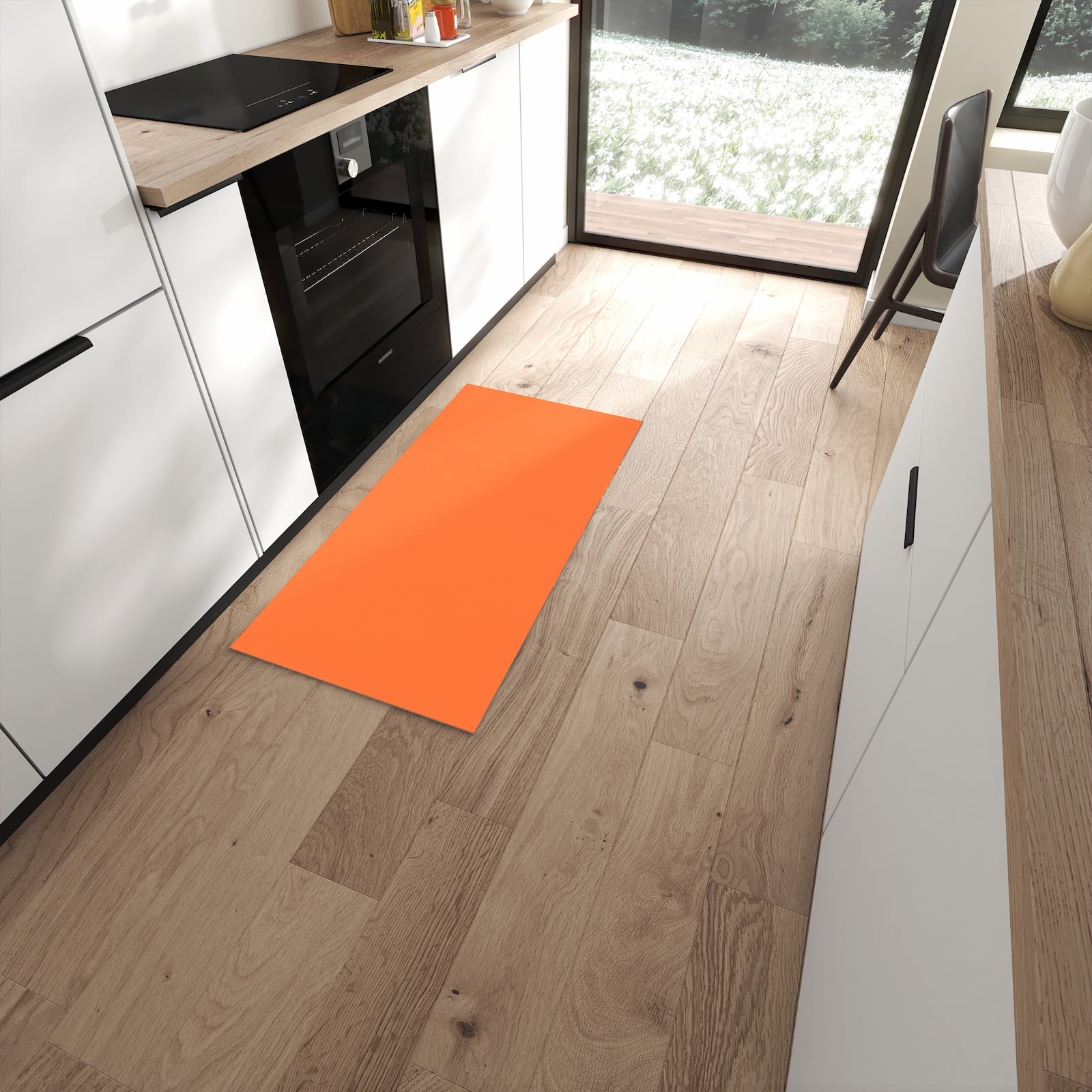Langlebiger rutschfester Küchenteppich mit Motiv Dunkeloranger Hintergrund II in moderner Küche #grösse_60 x 120 cm
