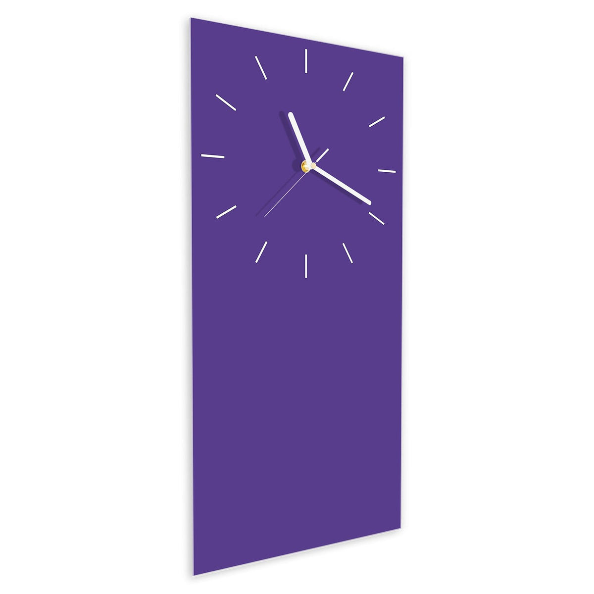 Wanduhr aus Glas im Hochformat Amethyst schräg von der Seite, 4 mm starkes Glas