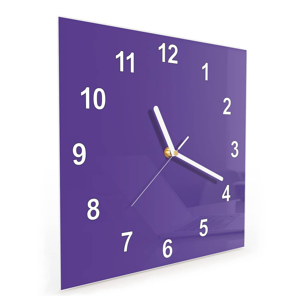 Quadratische Wanduhr aus Glas Amethyst schräg von der Seite, 4 mm starkes Glas