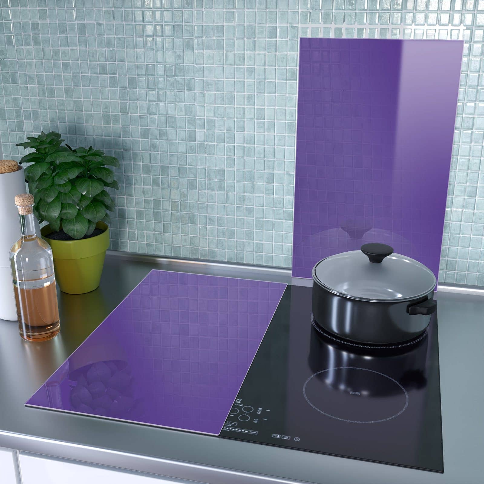 2-teilige Glasplatte für Herd mit Lila Hintergrund I-Motiv als Spritzschutz hinter dem Kochfeld