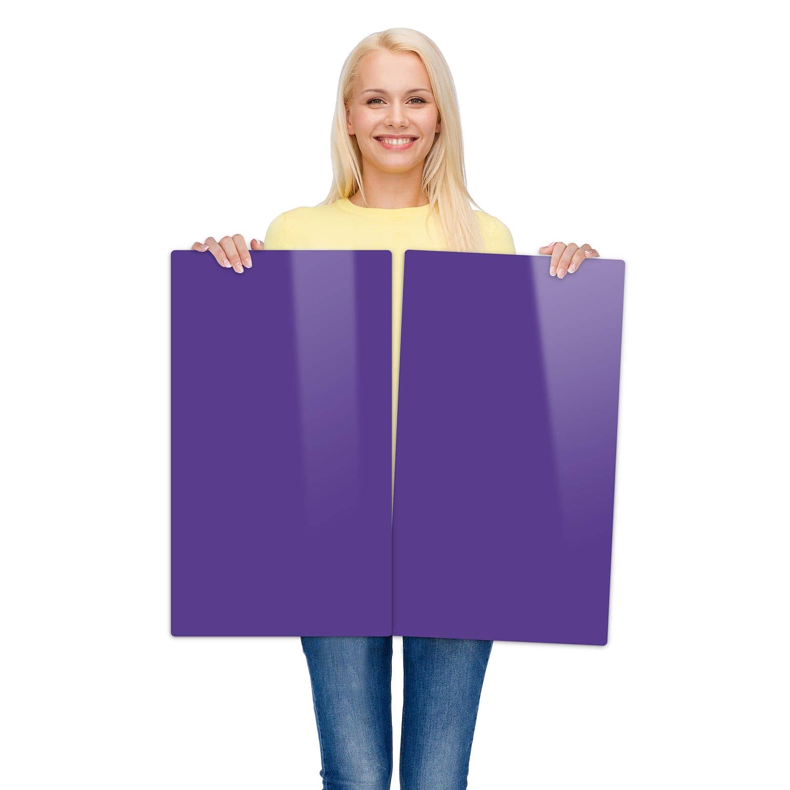 2-teilige Herdplattenabdeckung mit Lila Hintergrund I-Motiv wird zur Größendarstellung gehalten