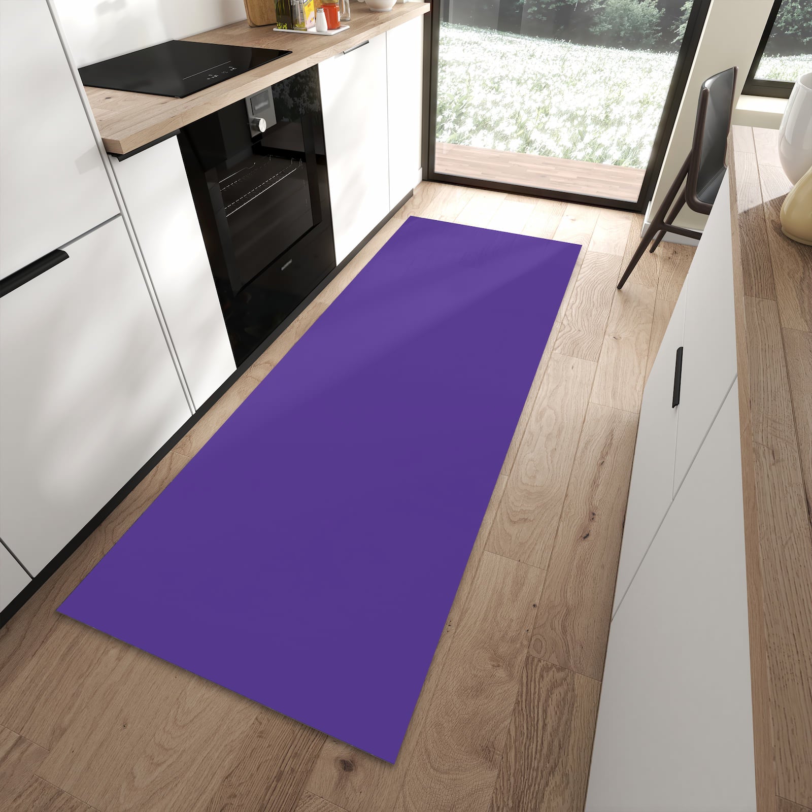 Waschbarer großer Küchenteppich mit Motiv Lila Hintergrund I in moderner Küche