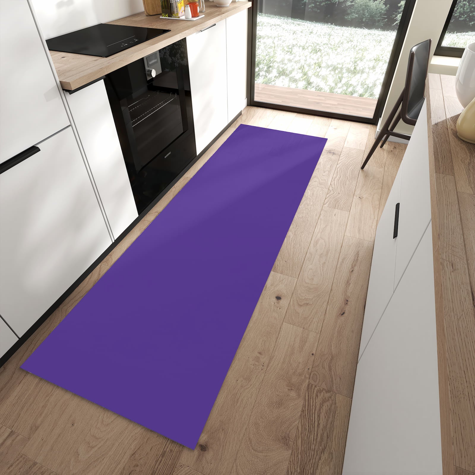 Rutschfester Küchenteppich mit Motiv Lila Hintergrund I in moderner Küche - leicht zu reinigen