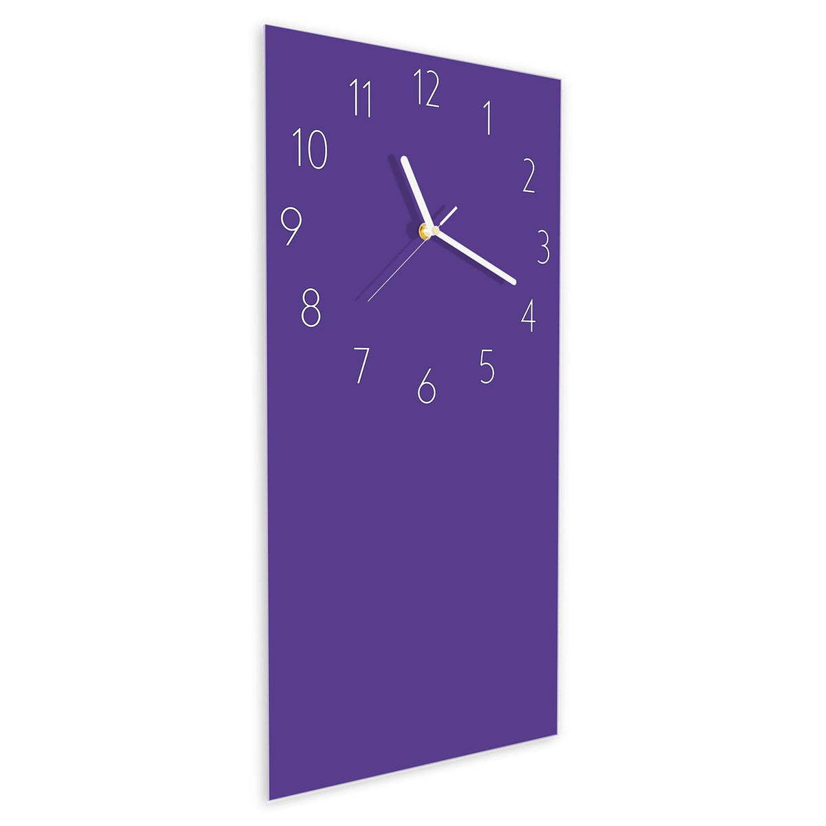 Wanduhr aus Glas im Hochformat Amethyst schräg von der Seite, 4 mm starkes Glas
