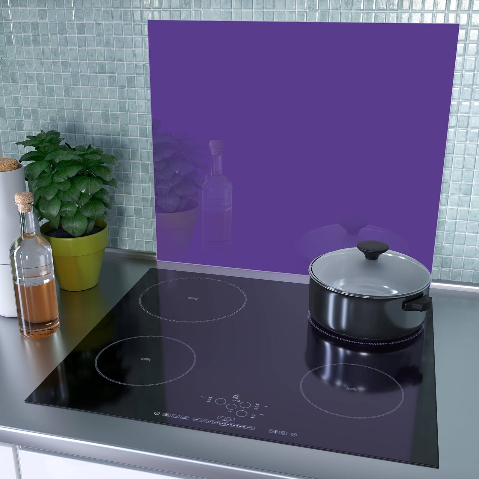 1-teilige Glasabdeckplatte für Ceranfeld mit Lila Hintergrund I-Motiv als Spritzschutz hinter dem Kochfeld