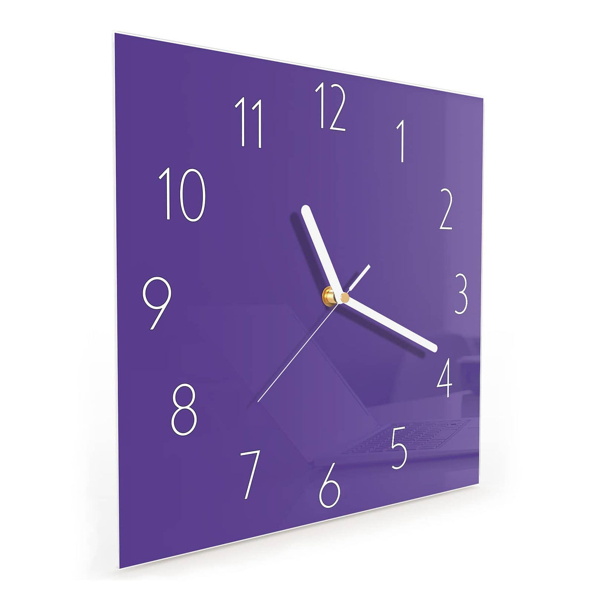 Quadratische Wanduhr aus Glas Amethyst schräg von der Seite, 4 mm starkes Glas