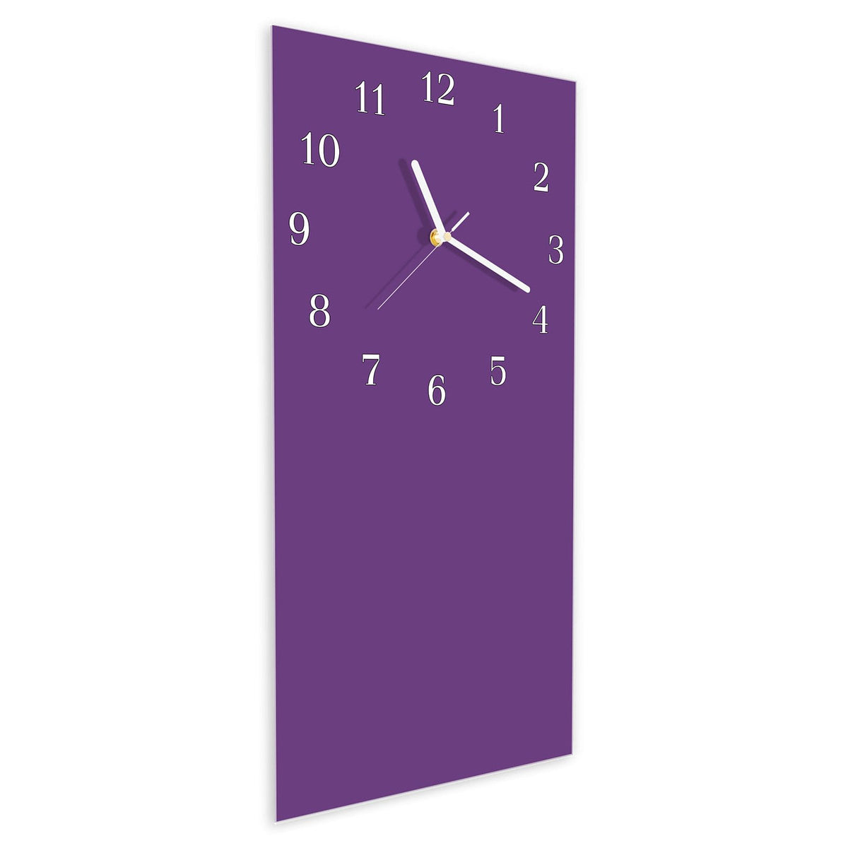 Wanduhr aus Glas im Hochformat Pflaumenlila schräg von der Seite, 4 mm starkes Glas