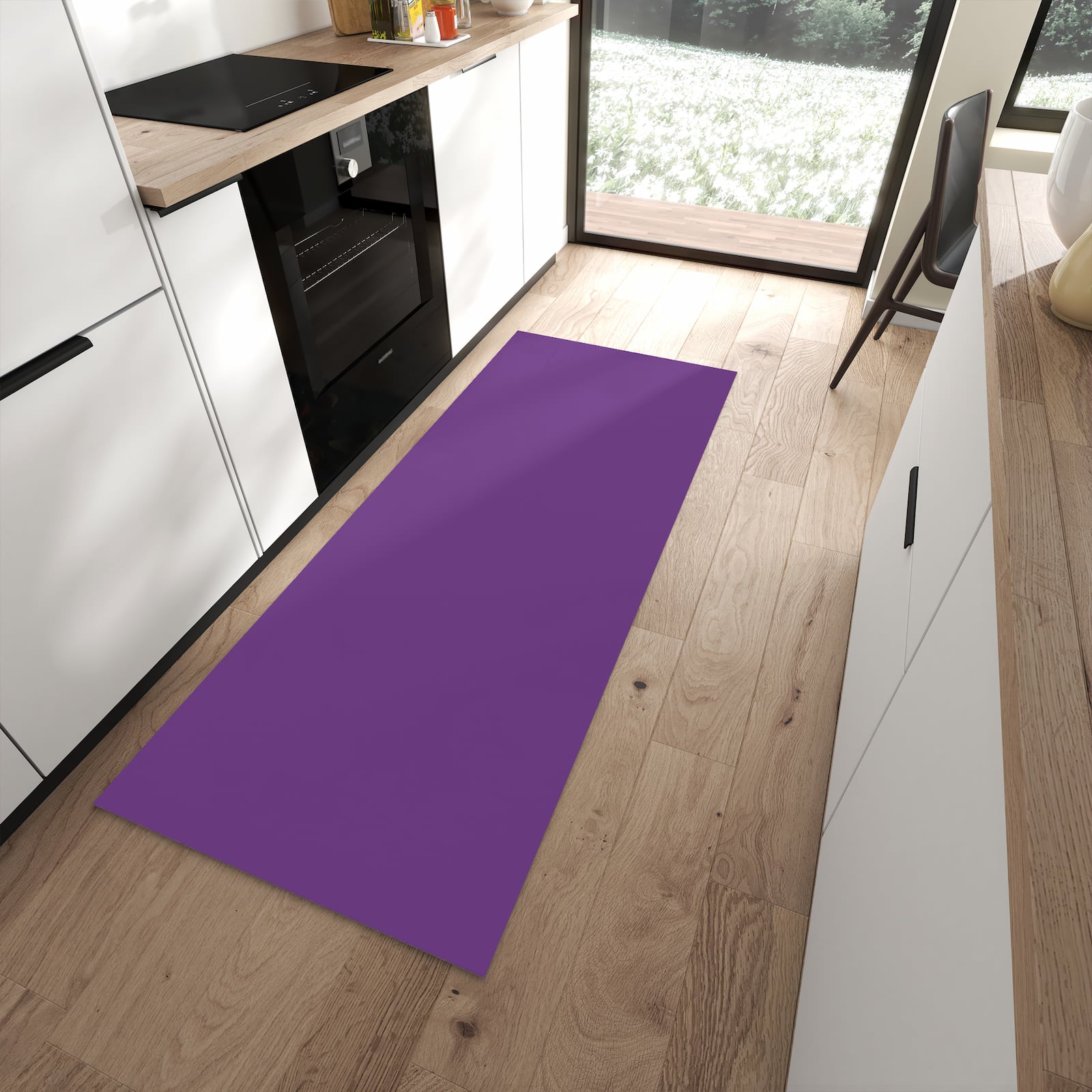 Zeitsparender langer Teppich mit Motiv Lila Hintergrund II in moderner Küche