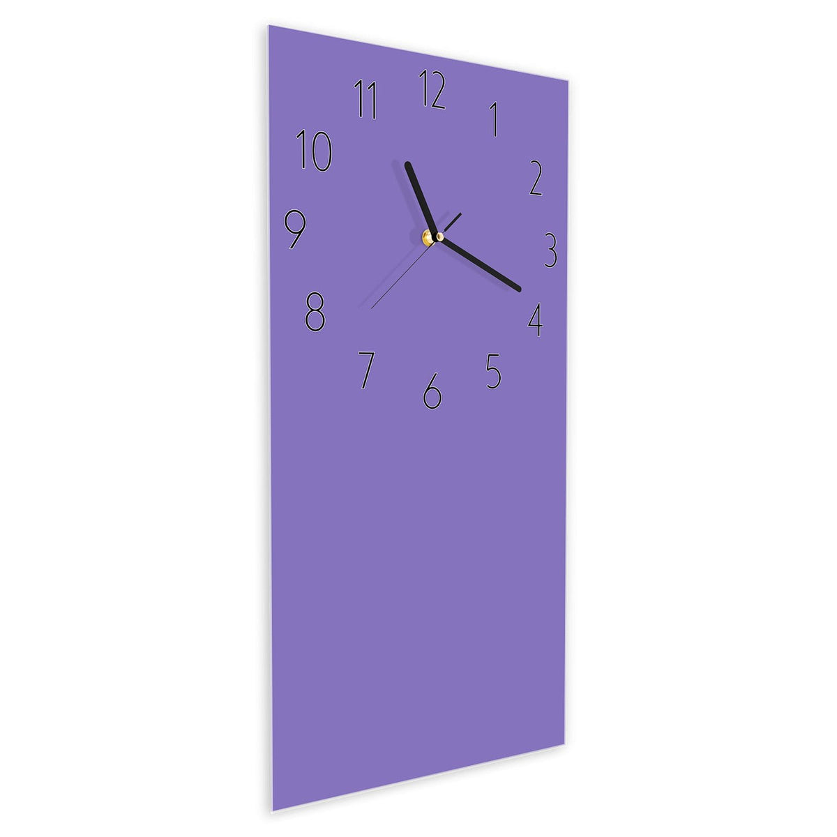 Wanduhr aus Glas im Hochformat Lavendelviolett schräg von der Seite, 4 mm starkes Glas
