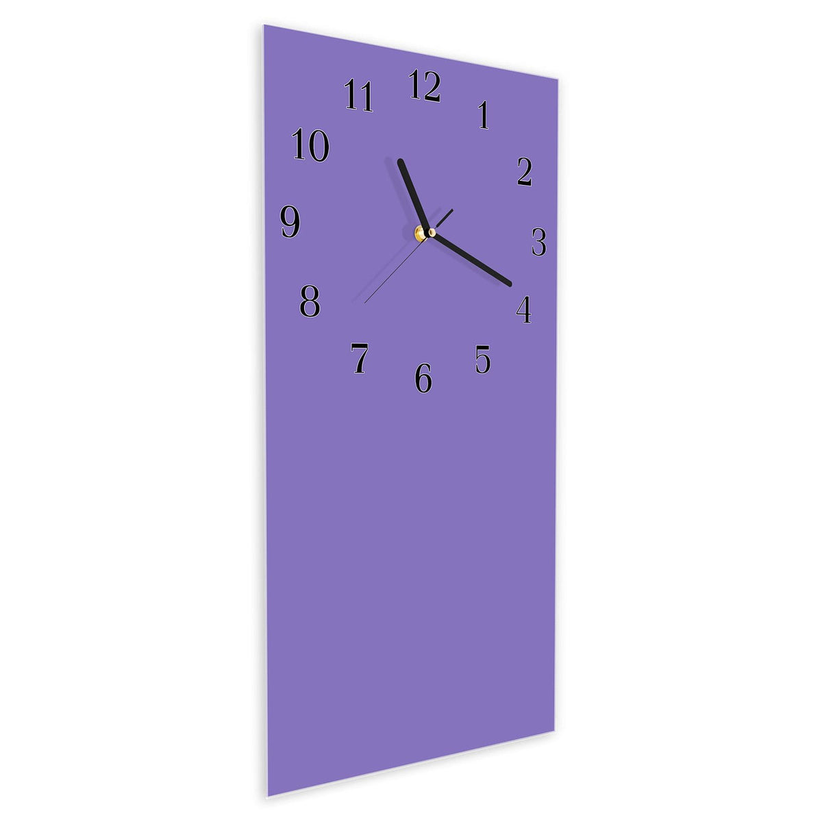 Wanduhr aus Glas im Hochformat Lavendelviolett schräg von der Seite, 4 mm starkes Glas