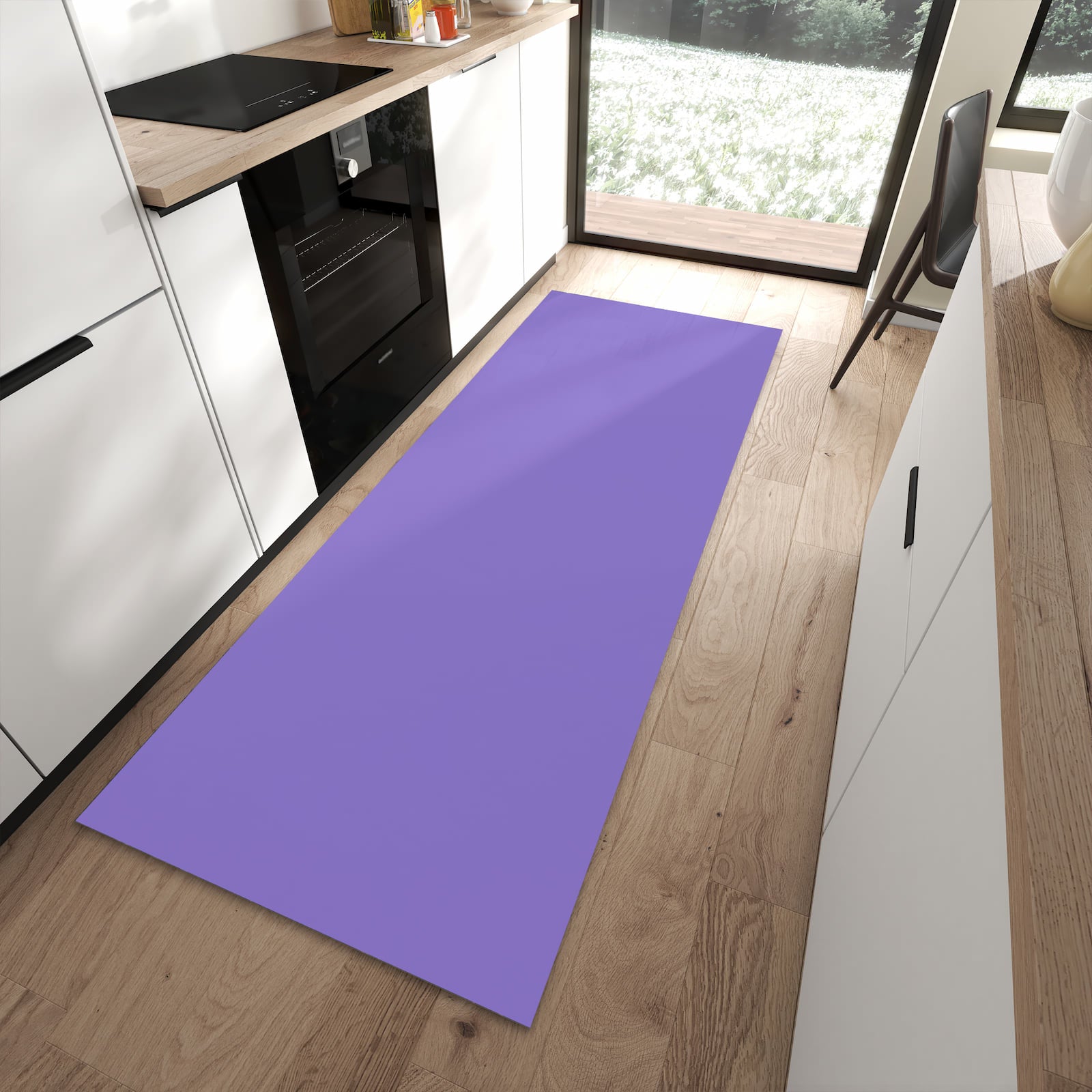 Rutschfester Küchenläufer mit Motiv Violetter Hintergrund I in moderner Küche