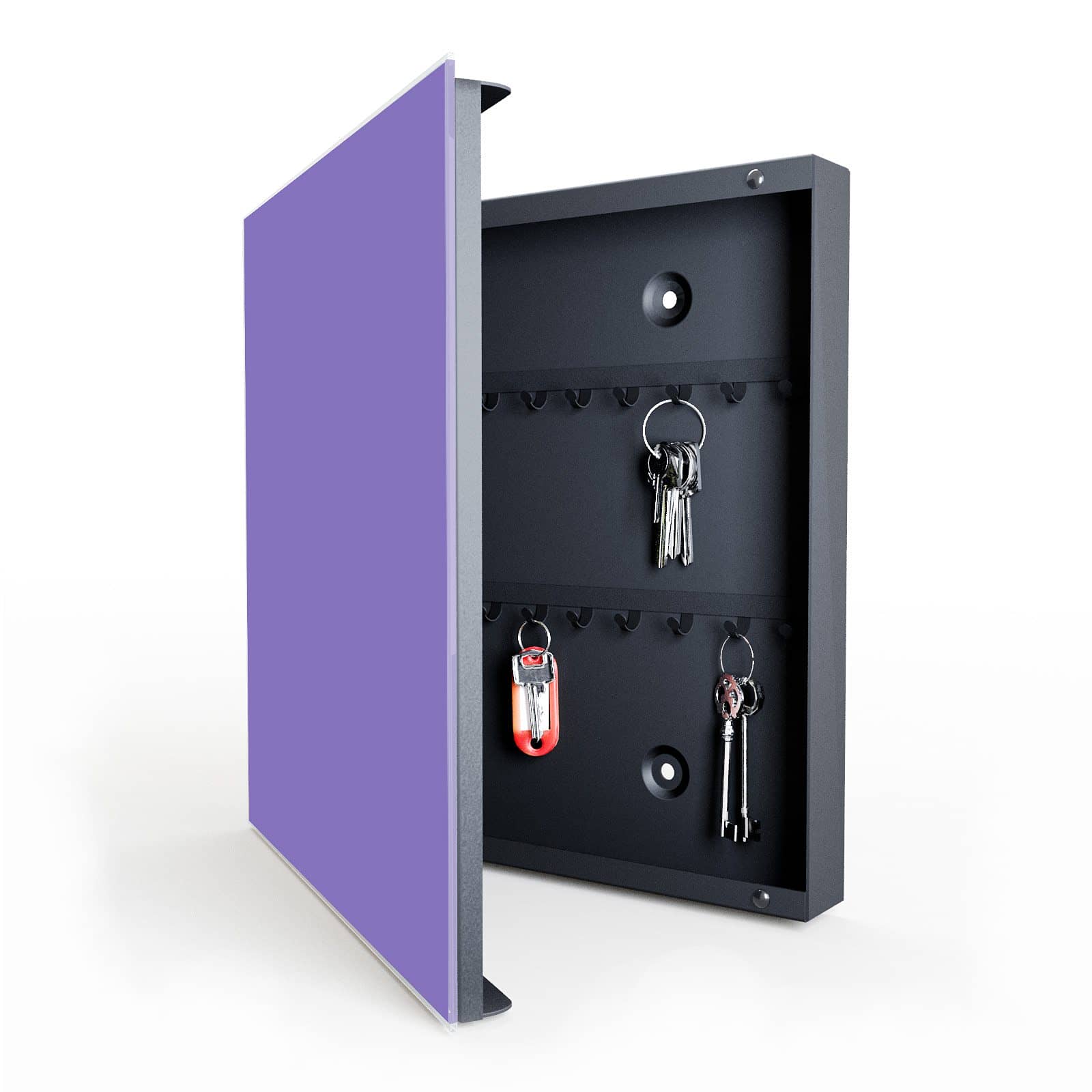 Robuster weißer Schlüsselkasten mit Motiv Violetter Hintergrund I in geöffneter Innenansicht