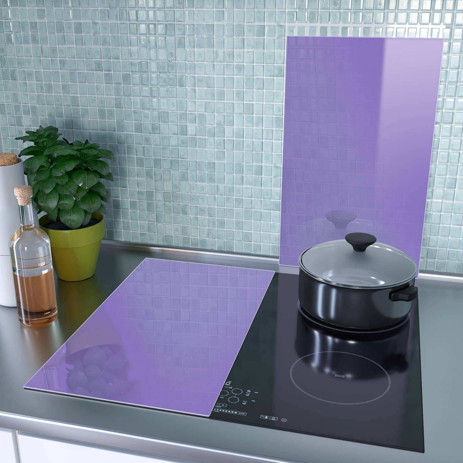 2-teilige Herdabdeckplatten mit Violetter Hintergrund I-Motiv als Spritzschutz hinter dem Kochfeld