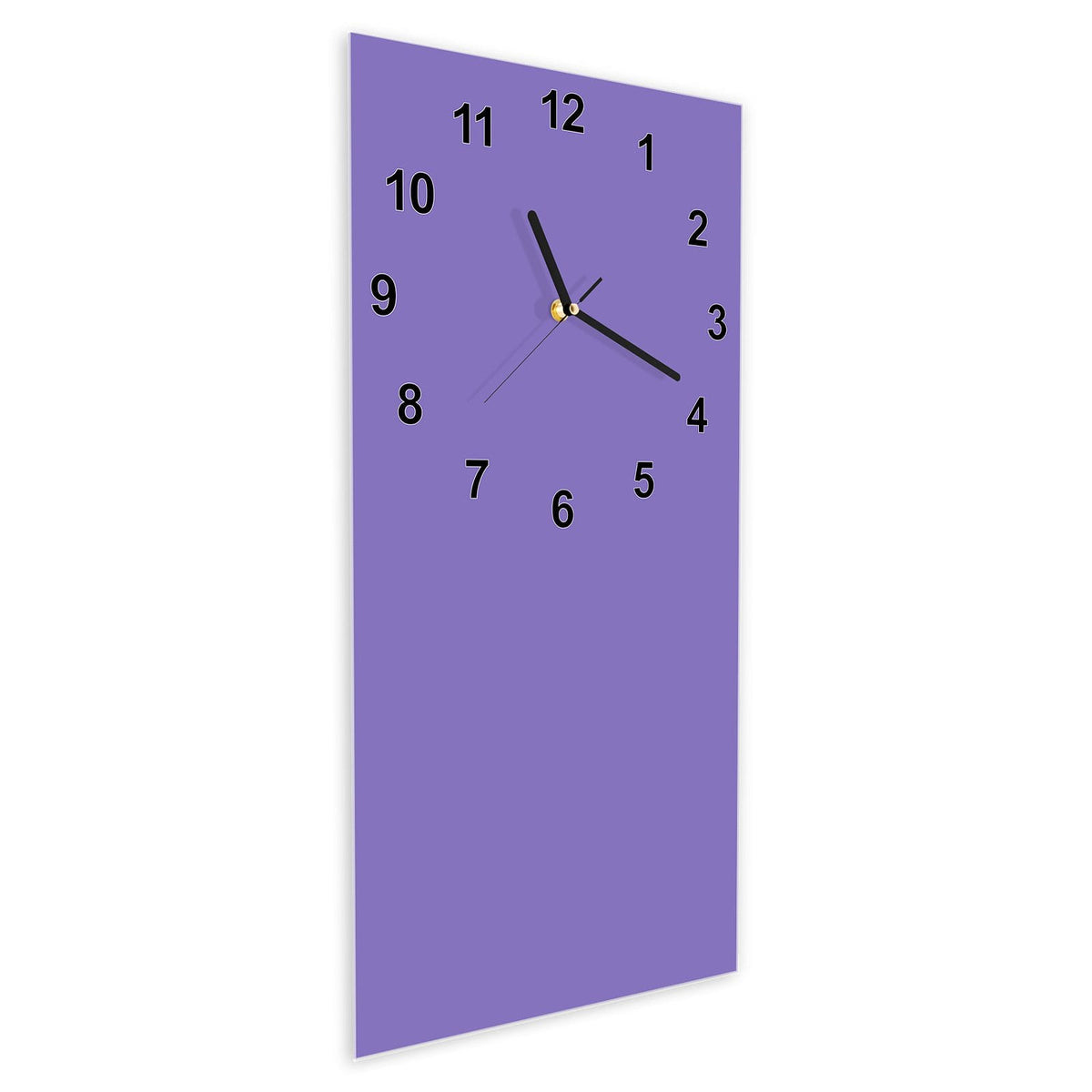 Wanduhr aus Glas im Hochformat Lavendelviolett schräg von der Seite, 4 mm starkes Glas
