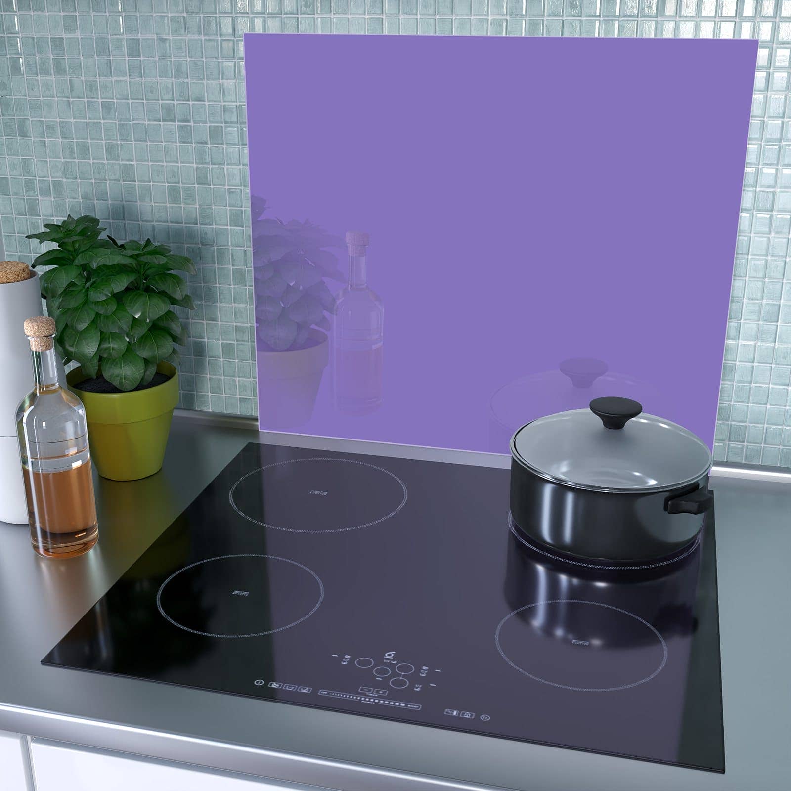 1-teilige Herdabdeckplatte aus Glas mit Violetter Hintergrund I-Motiv als Spritzschutz hinter dem Kochfeld