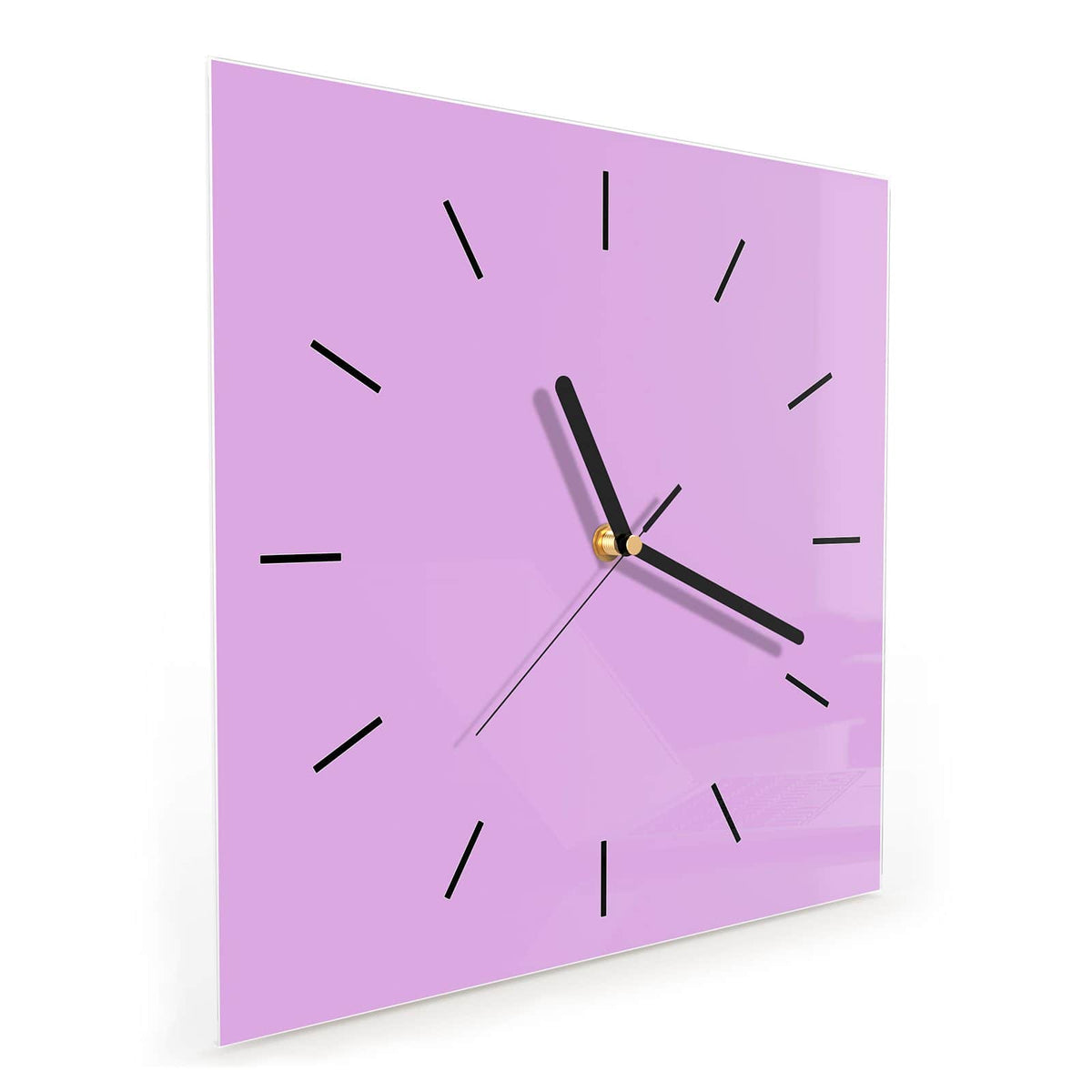 Quadratische Wanduhr aus Glas Fliederlila schräg von der Seite, 4 mm starkes Glas