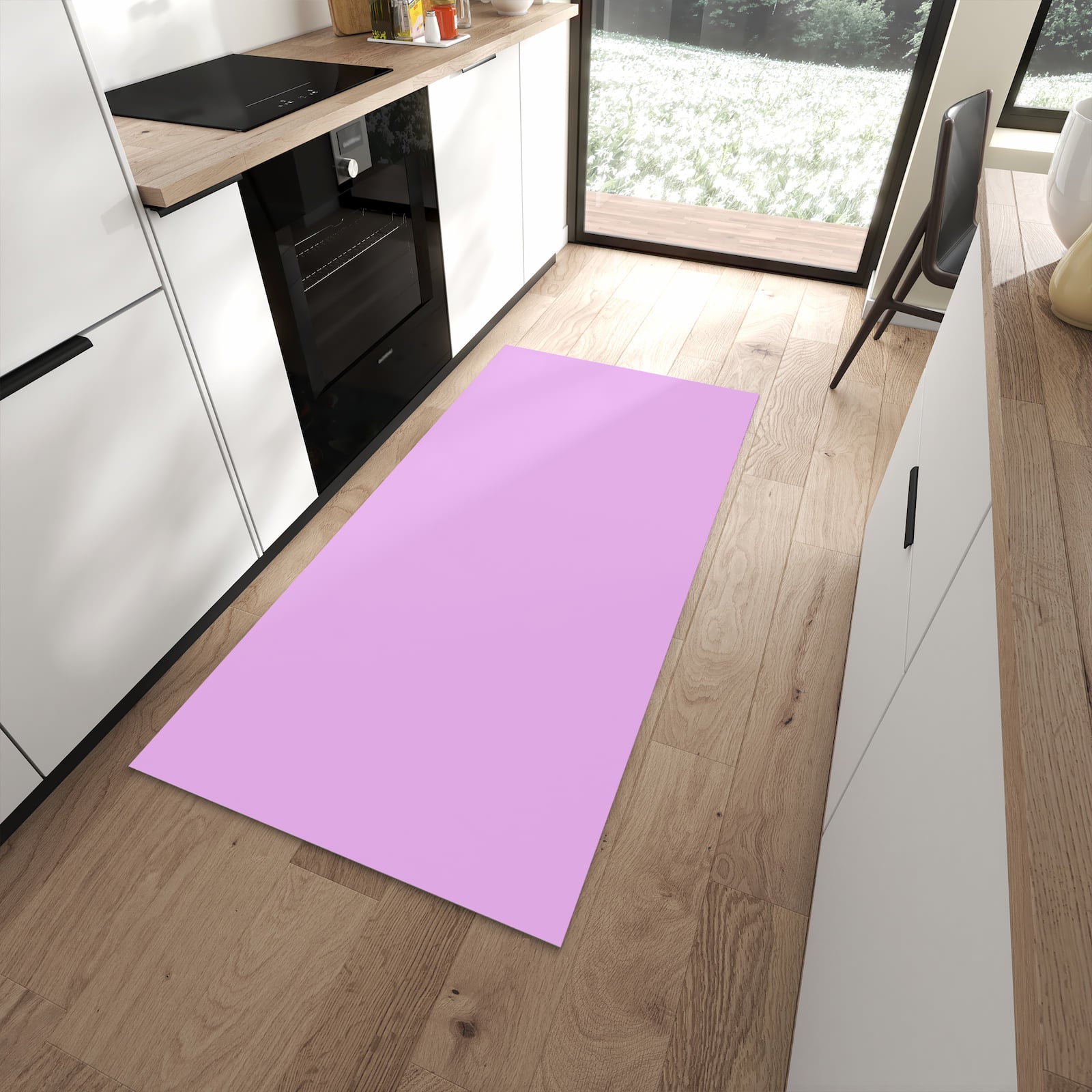 Fleckenresistenter moderner Küchenläufer mit Motiv Violetter Hintergrund II in moderner Küche