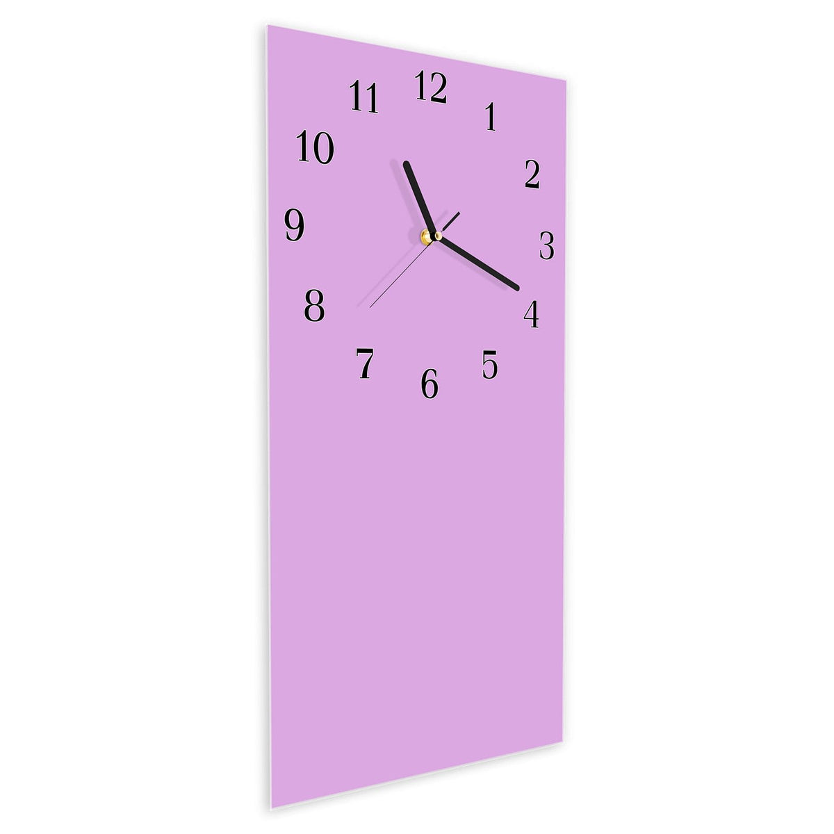 Wanduhr aus Glas im Hochformat Fliederlila schräg von der Seite, 4 mm starkes Glas