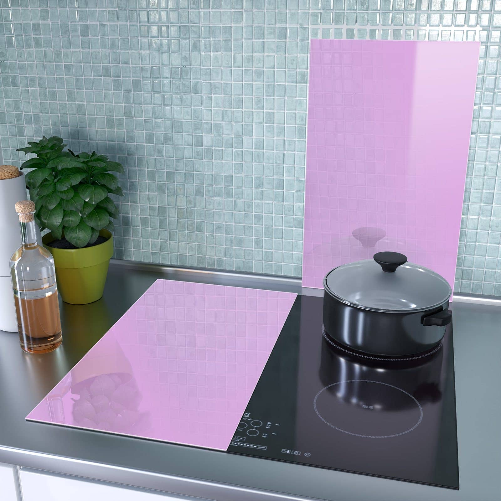 2-teilige Abdeckplatten für den Herd mit Violetter Hintergrund II-Motiv als Spritzschutz hinter dem Kochfeld