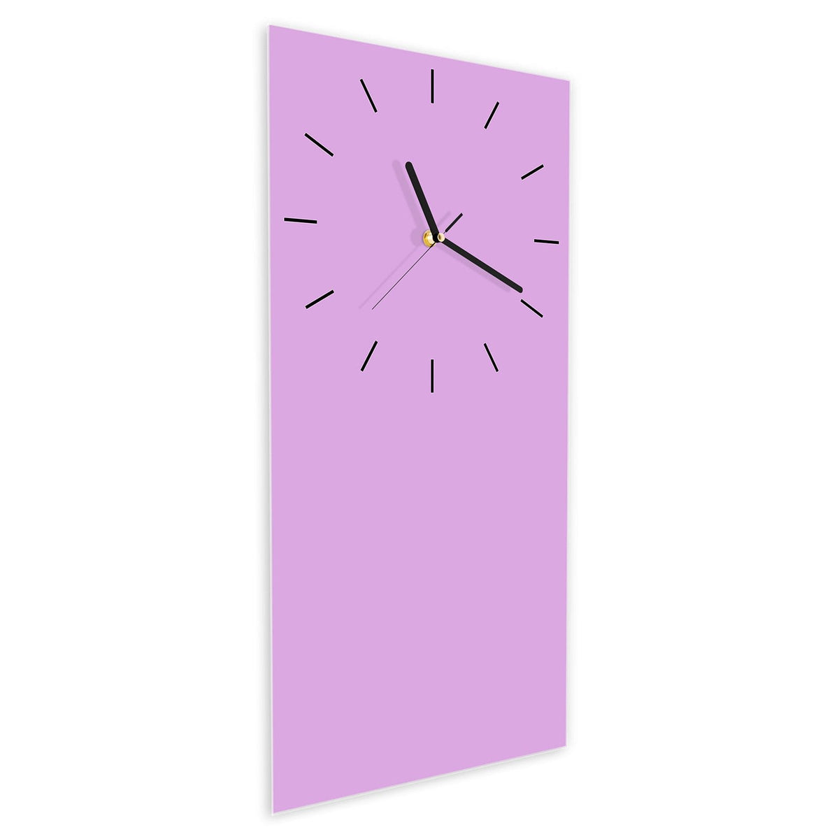 Wanduhr aus Glas im Hochformat Fliederlila schräg von der Seite, 4 mm starkes Glas