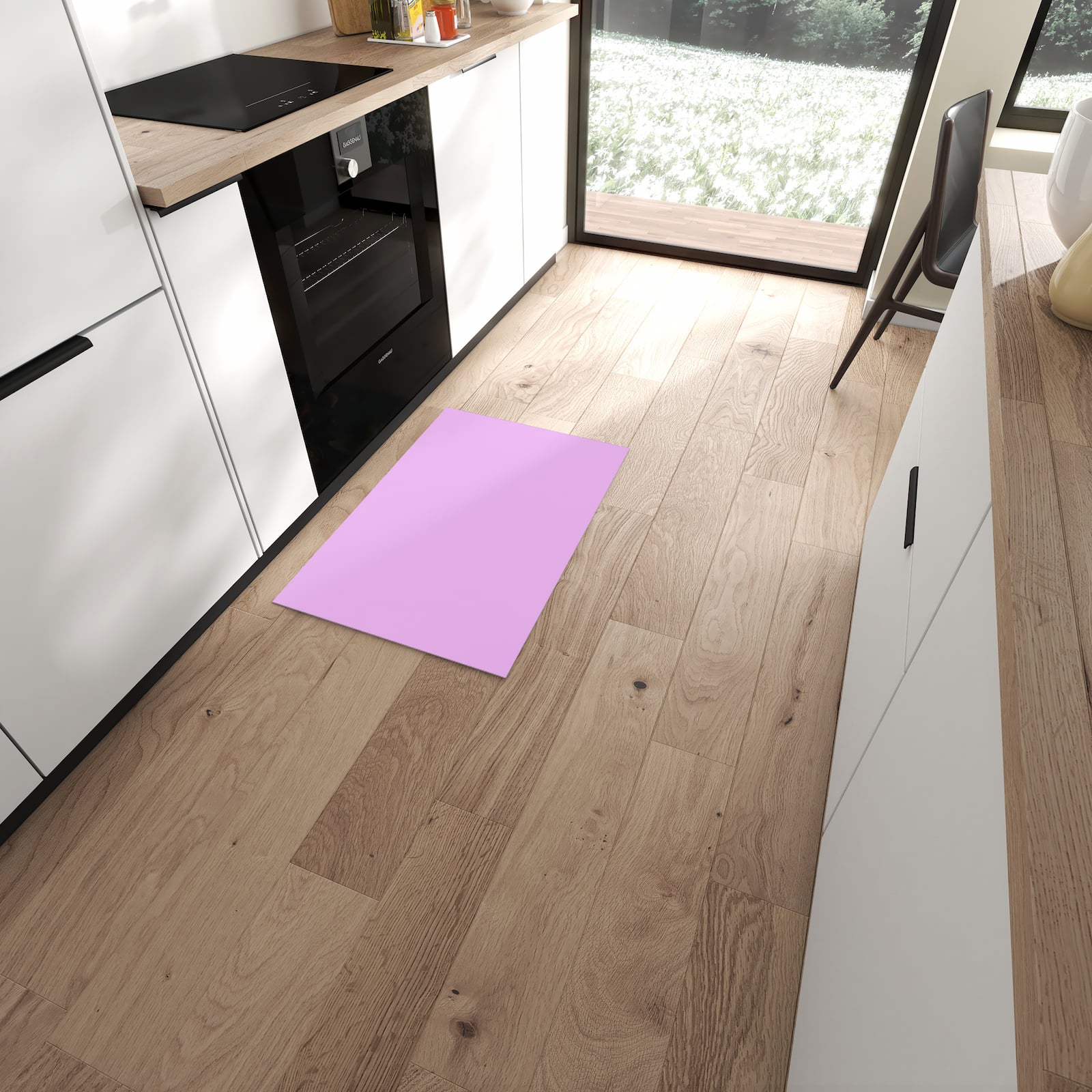 Geräuschdämpfender waschbarer Küchenläufer mit Motiv Violetter Hintergrund II in moderner Küche