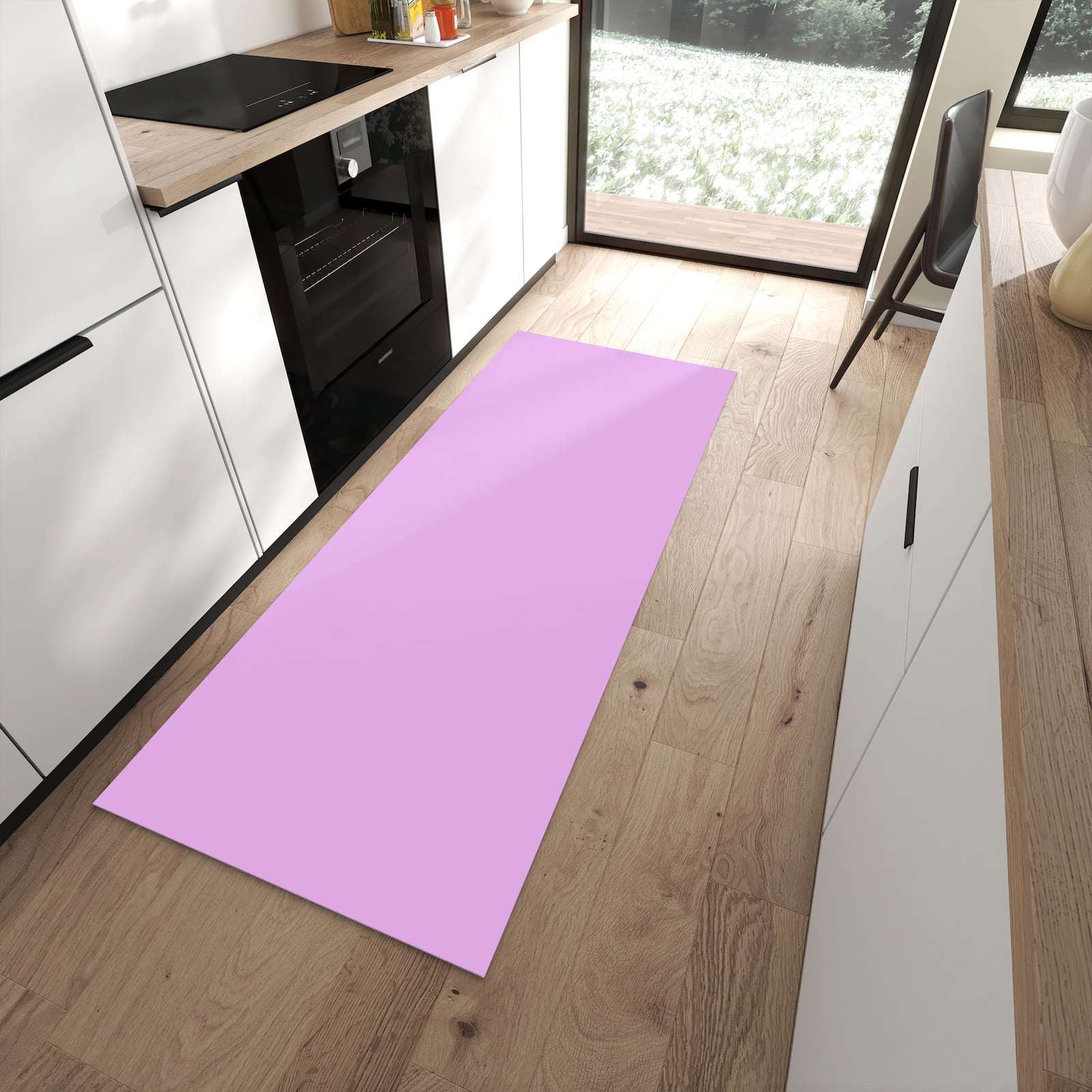 Abriebfester rutschfester Küchenläufer mit Motiv Violetter Hintergrund II in moderner Küche