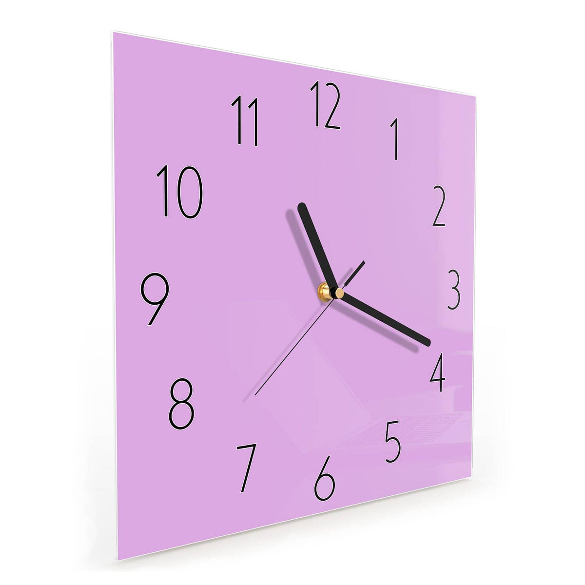 Quadratische Wanduhr aus Glas Fliederlila schräg von der Seite, 4 mm starkes Glas