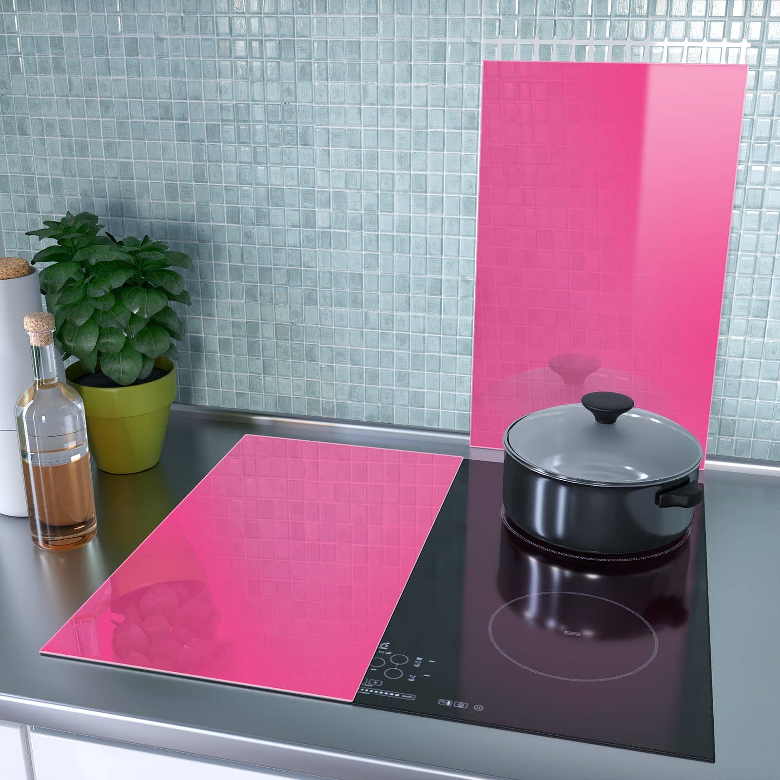 2-teilige Herdabdeckplatten mit Pinker Hintergrund-Motiv als Spritzschutz hinter dem Kochfeld